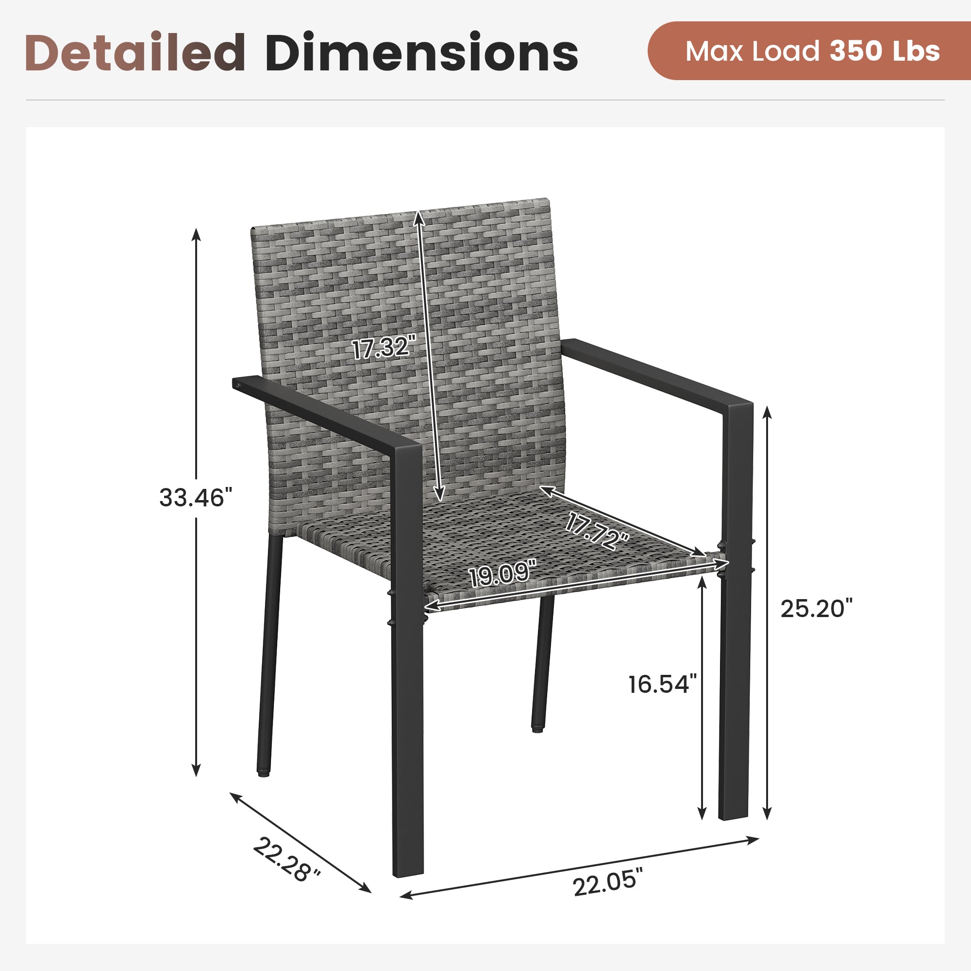 UDPATIO Stackable Patio Chairs Set of 4, Wicker Outdoor Chairs, All-Weather Rattan Dining Chairs with Deep Seat & Armrests, Steel Frame for Patio, Garden, Backyard, Deck, Lawn or Porch, Gray