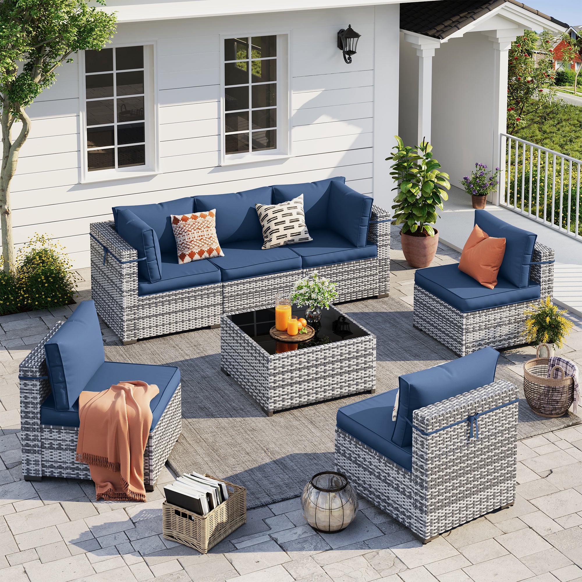 UDPATIO Outdoor Patio Furniture Set, 7-Piece PE Wicker Sectional Sofa with Tea Table, Outdoor Conversation Set for Patio, Garden, Backyard (Blue Cushions with Grey Rattan)