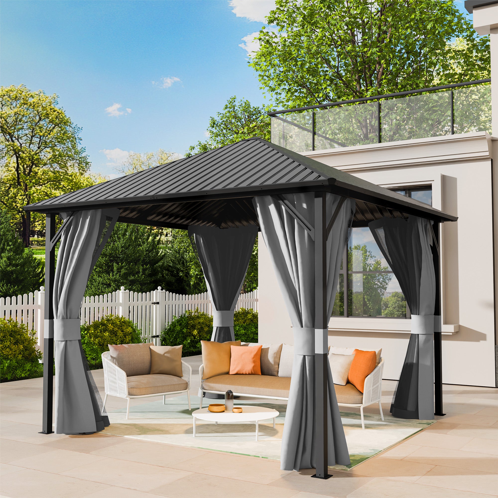 UDPATIO 10x10 Hardtop Gazebo, Metal Gazebo with Galvanized Steel Roof, Hard Top Patio Gazebos, Outdoor Permanent Gazebo with Mosquito Netting and Curtain for Backyard, Deck, Porch, Lawns, Garden, Gray