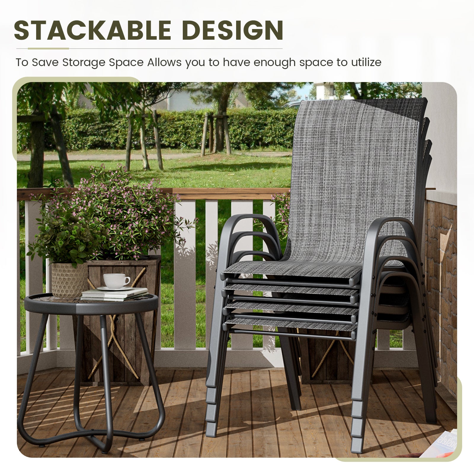 UDPATIO Patio Chairs Set of 4, Stackable Outdoor Dining Chairs with High Back, Textilene Fabric Breathable Outdoor Chair All Weather, 350LBS Capacity for Garden, Backyard (Dark Grey)