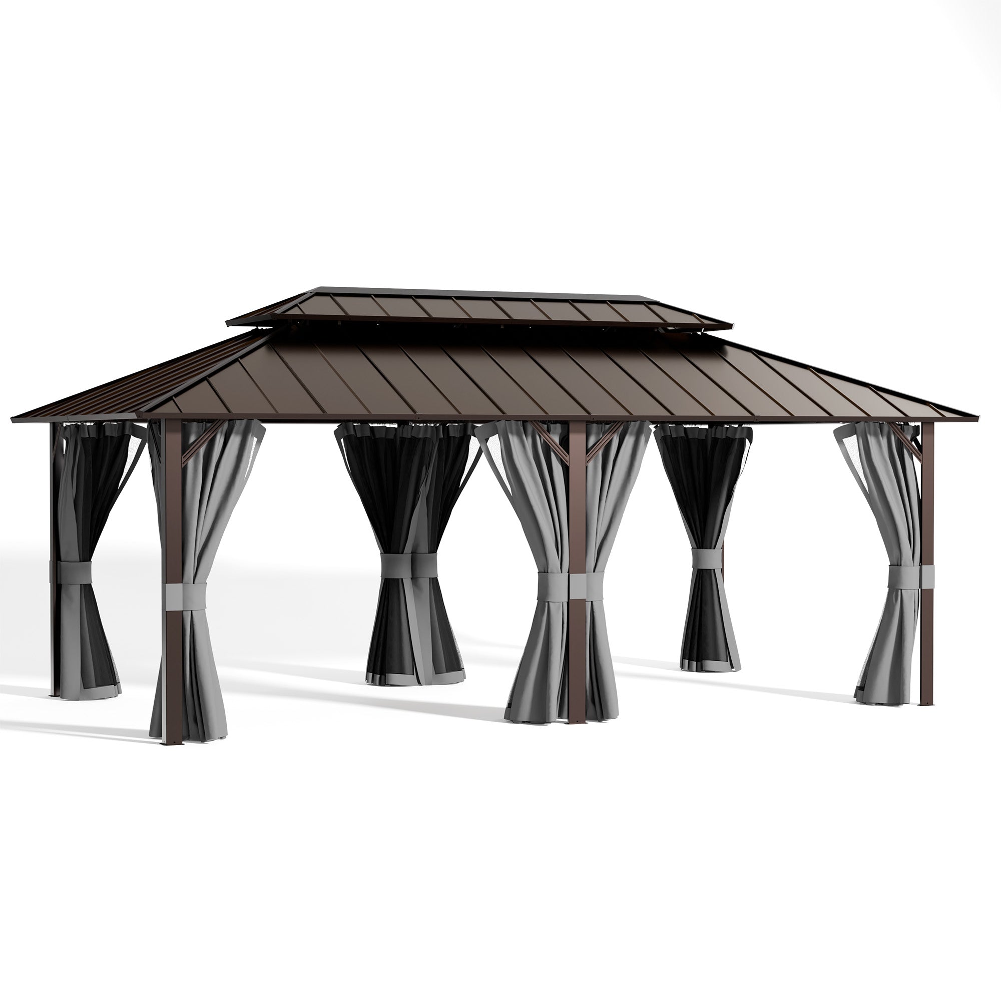 UDPATIO 12x20 Hardtop Gazebo, Aluminum Frame with Double Galvanized Steel Roof, Hard Top Heavy Duty Patio Outdoor Metal Gazebos, Permanent Gazebo with Mosquito Netting and Curtain for Backyard, Gray