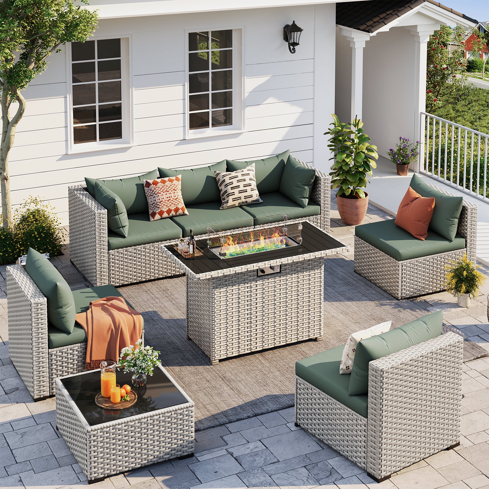 UDPATIO Patio Furniture Set with Fire Pit Table, 8 Pieces Outdoor Sectional Sofa, PE Wicker Patio Conversation Set for Garden, Backyard Green