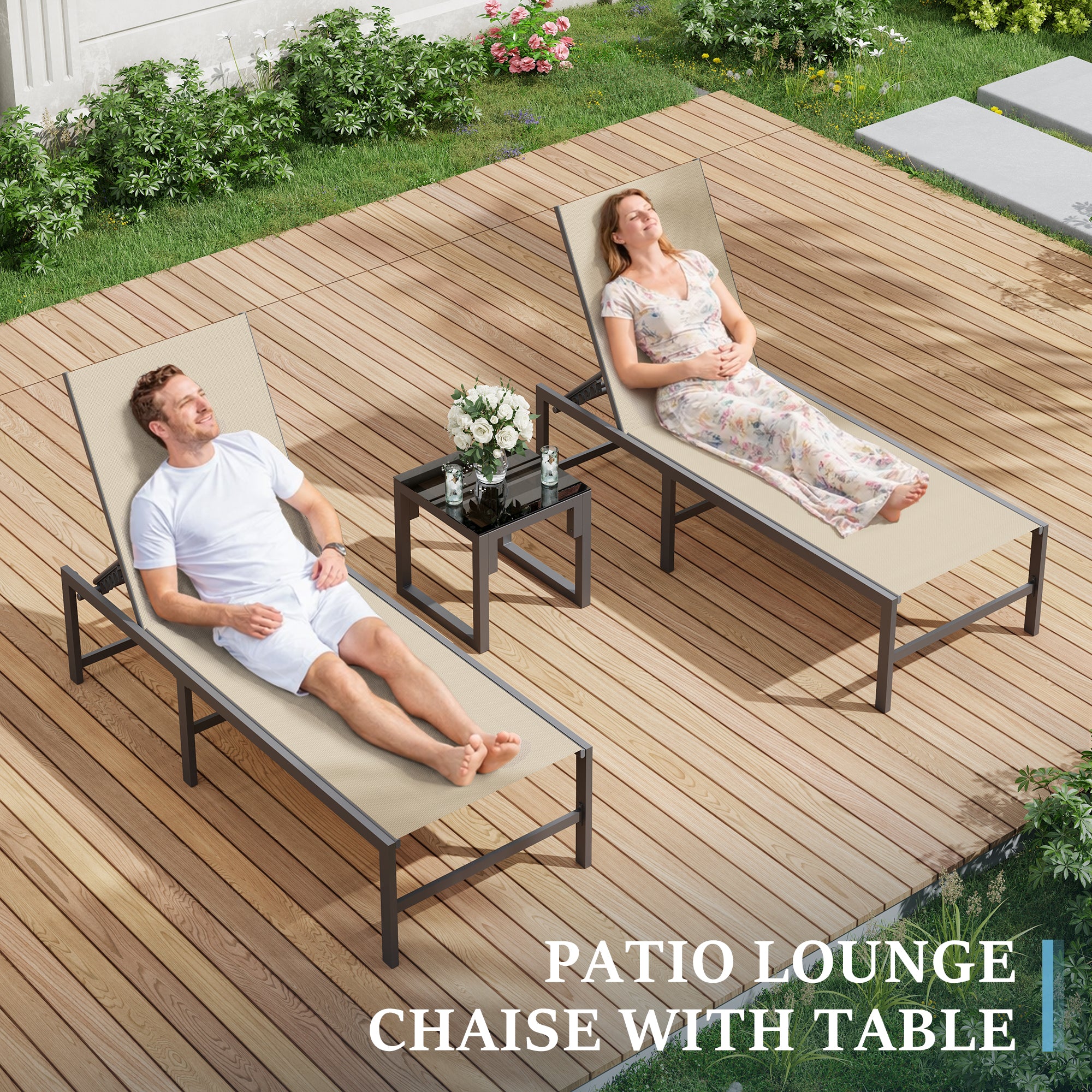 Patio Lounge Chair Pool Chaise Chairs for Outside, Adjustable Lounger for Poolside Lawn Deck Lay Flat Sunbathing Backrest for Patio, Beach, Yard(Brown)