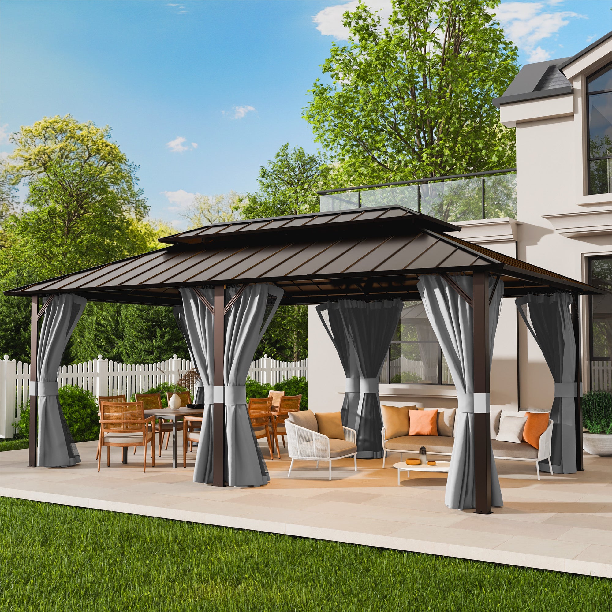 UDPATIO 12x20 Hardtop Gazebo, Aluminum Frame with Double Galvanized Steel Roof, Hard Top Heavy Duty Patio Outdoor Metal Gazebos, Permanent Gazebo with Mosquito Netting and Curtain for Backyard, Gray