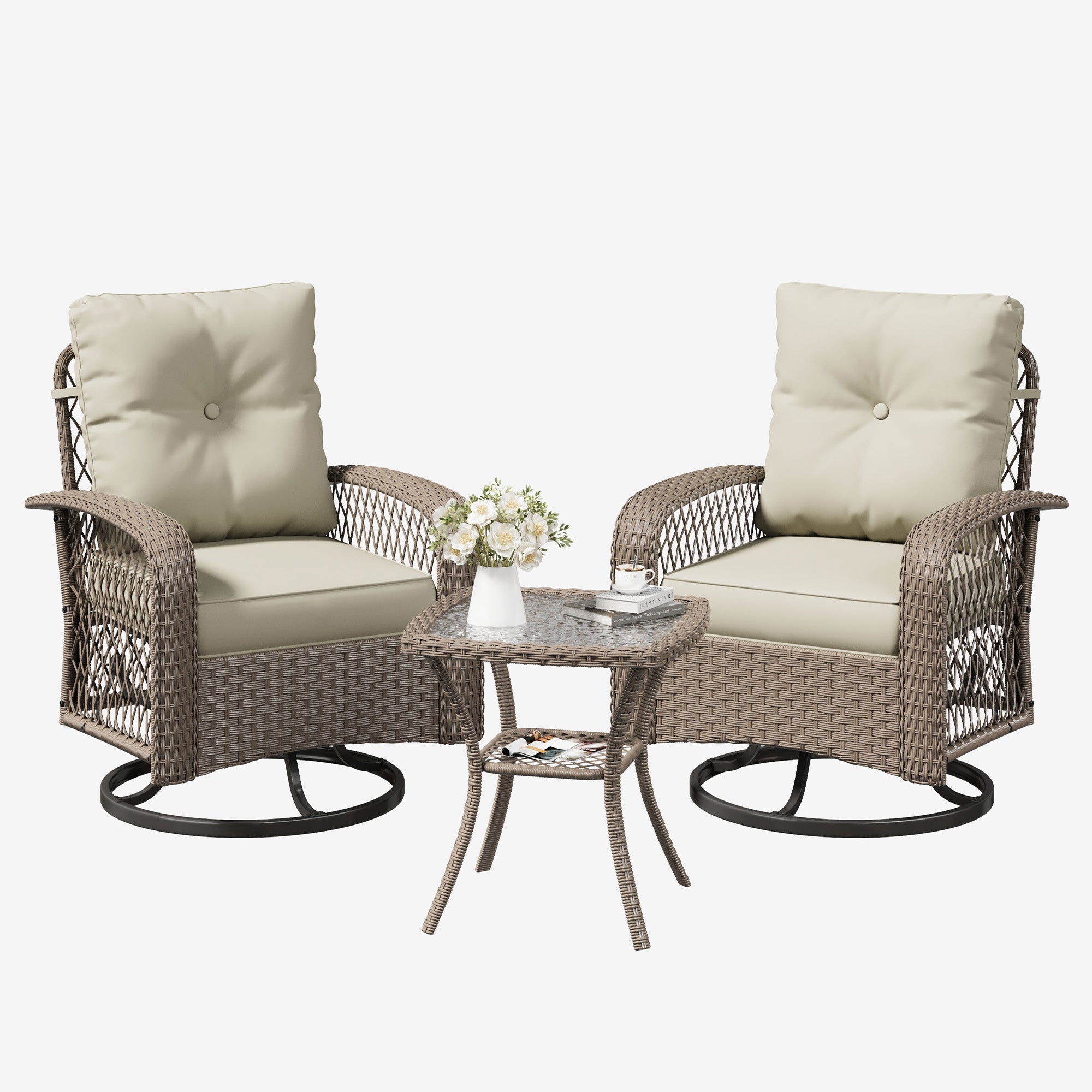 UDAPTIO Swivel Rocker Chair Set 2 with Side Table, 3 Piece Wicker Bistro Set with 4" Water-Resistant Cushions, Outdoor Glider for Front Porch, Patio, Balcony, Beige