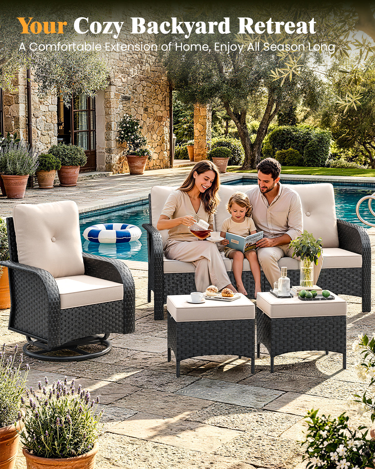 Amopatio 7 Pieces Outdoor Patio Furniture Set with Fire Pit Table, Wicker Swivel Rocker Chairs Sets