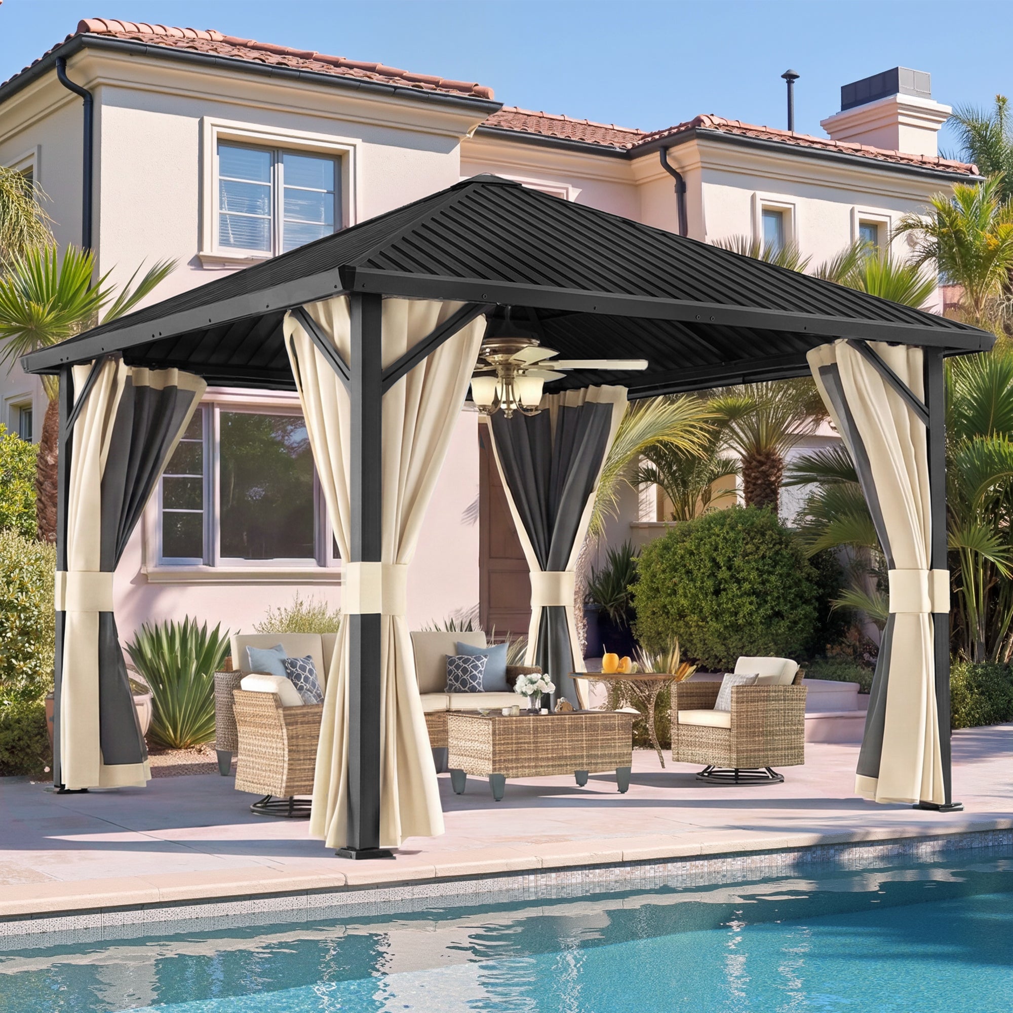 DPATIO 10'x10' Hardtop Gazebo, Metal Gazebos with Mosquito Netting, Beige