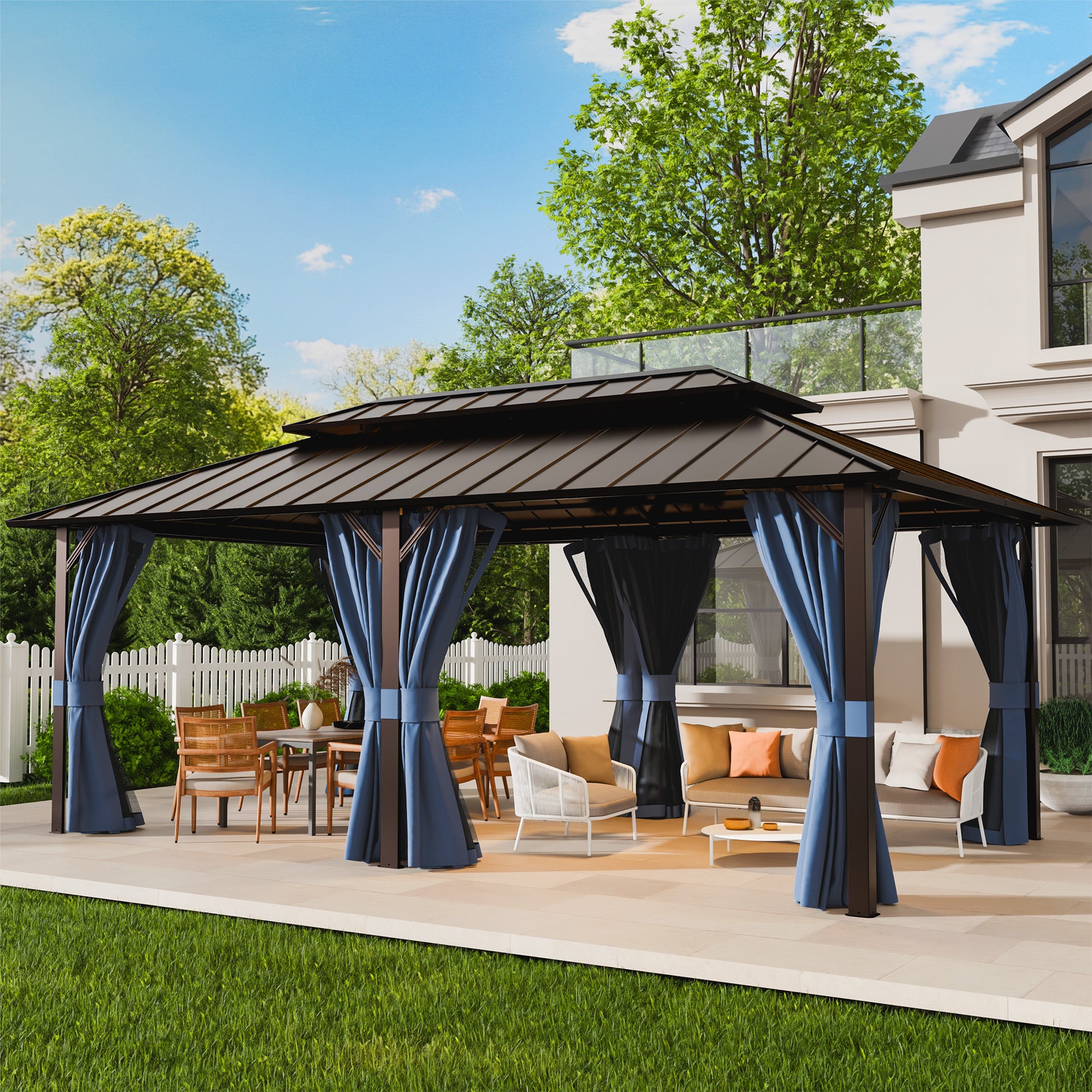UDPATIO 12x20 Hardtop Gazebo, Aluminum Frame with Double Galvanized Steel Roof, Hard Top Heavy Duty Patio Outdoor Metal Gazebos, Permanent Gazebo with Mosquito Netting and Curtain for Deck, Navy Blue