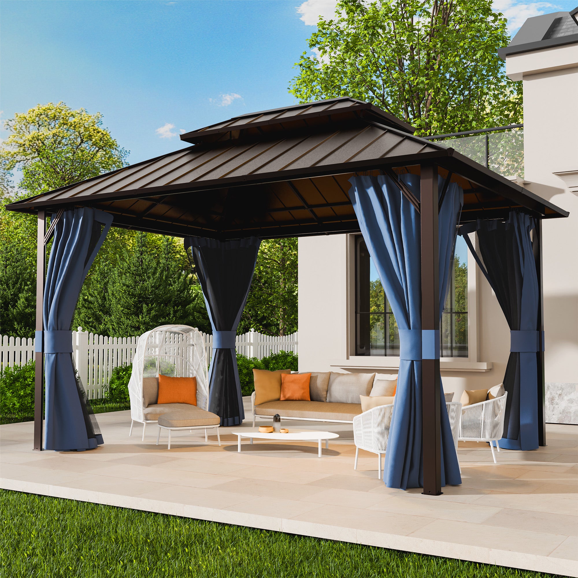 UDPATIO 12x14  Hardtop Gazebo, Aluminum Frame with Double Galvanized Steel Roof, Hard Top Patio Outdoor Metal Gazebos, Permanent Gazebo with Mosquito Netting and Curtain for Backyard, Deck, Navy Blue