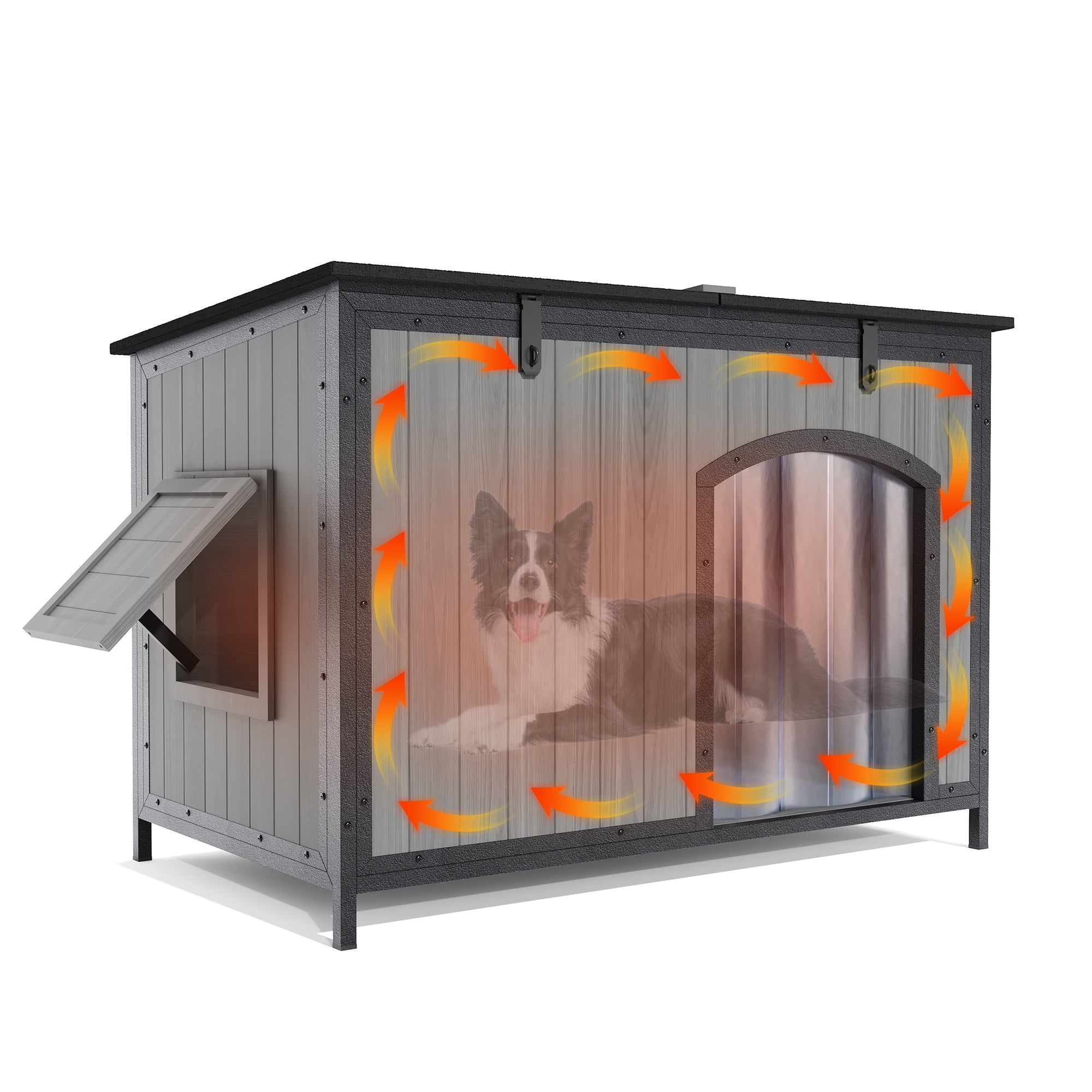 Outdoor Insulated Dog House Weatherproof Dog Kennel Dog Shelter Anti-Chewing Full Iron Frame, Openable Roof for Small to Large Dog Breeds