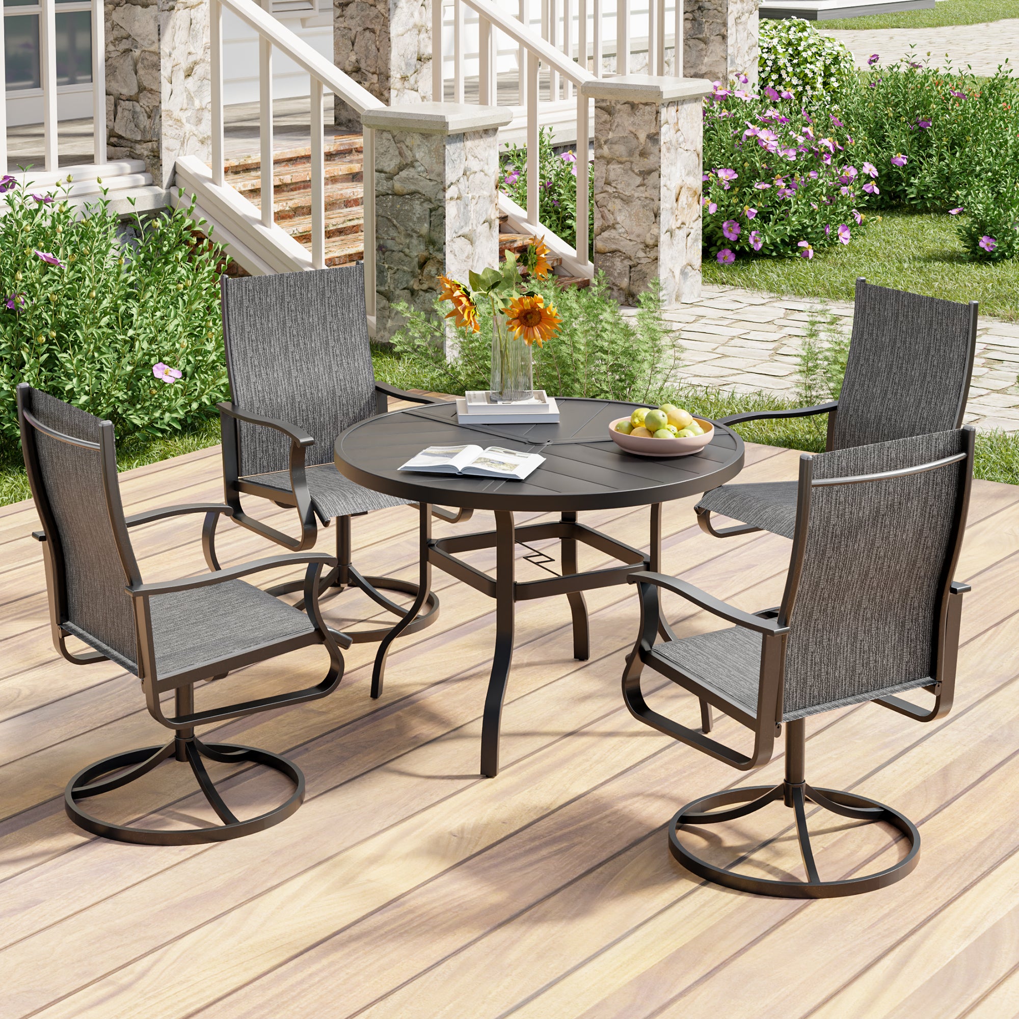 UDPATIO 5 Piece Outdoor Patio Dining Set with 39" Round Table & 4 Outdoor Swivel Rocker Dining Chairs with All Weather Textilene High Back & Metal Frame, Outdoor Table and Chair Set for Lawn, Backyard