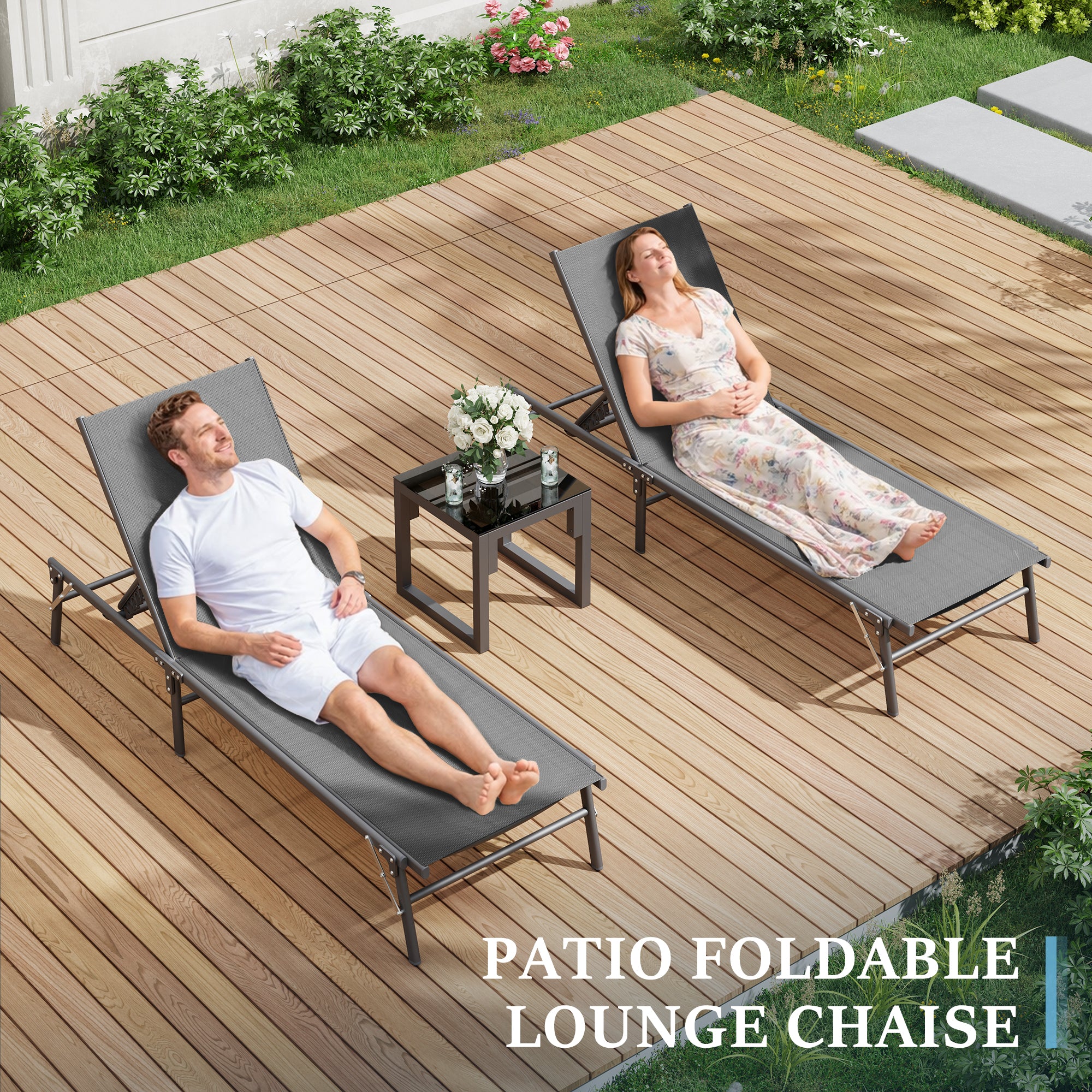 Outdoor Foldable Lounge Chair Set of 2 with Table Pool Lounge Chairs for Outside, Adjustable Lounger for Poolside Lawn Deck Lay Flat Sunbathing Backrest for Patio, Beach, Yard(Grey)