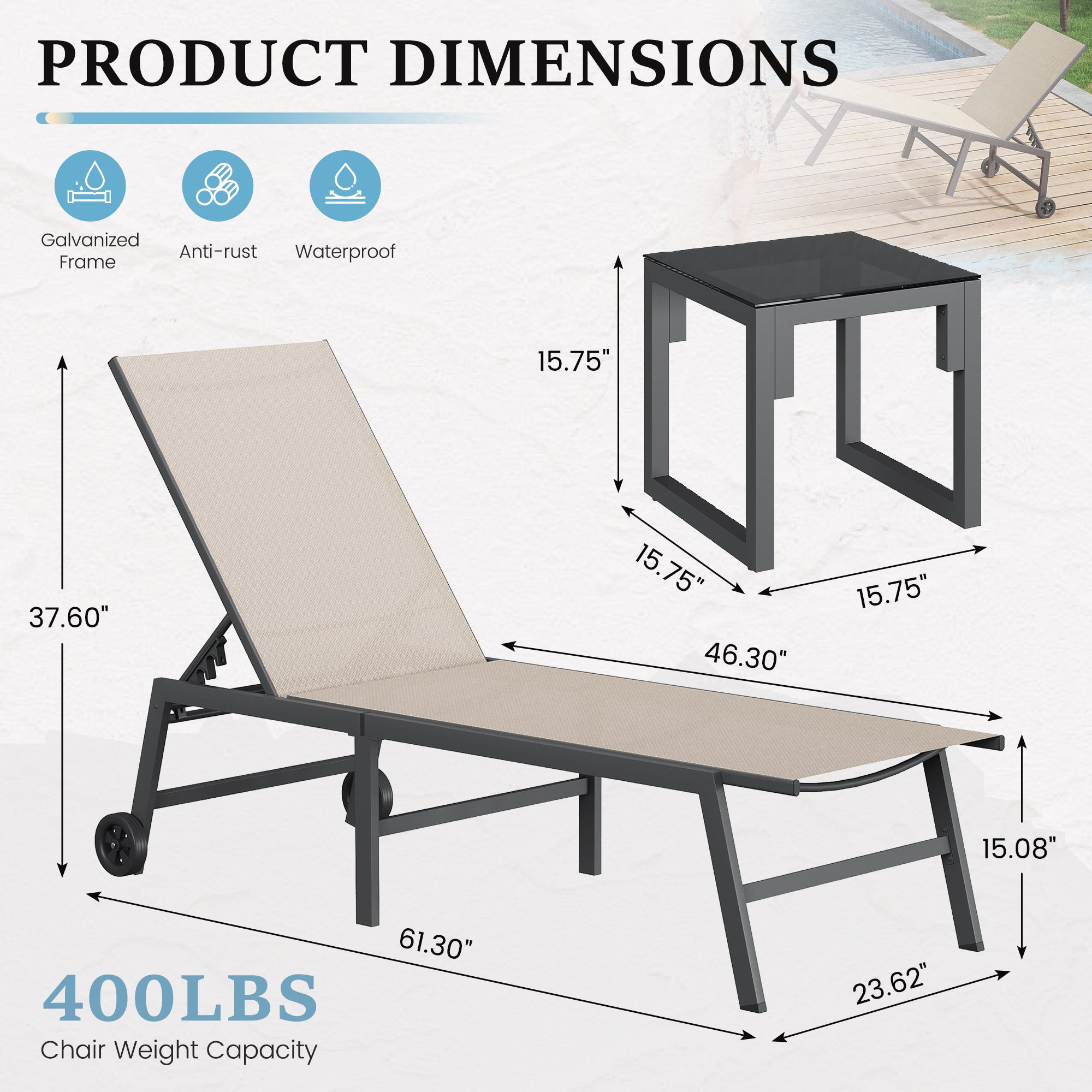 Outdoor Chaise Lounge Chair Set of 2 with Table Pool Lounge Chairs for Outside, Adjustable Lounger for Poolside Lawn Deck Lay Flat Sunbathing Backrest for Patio, Beach, Yard(Brown)