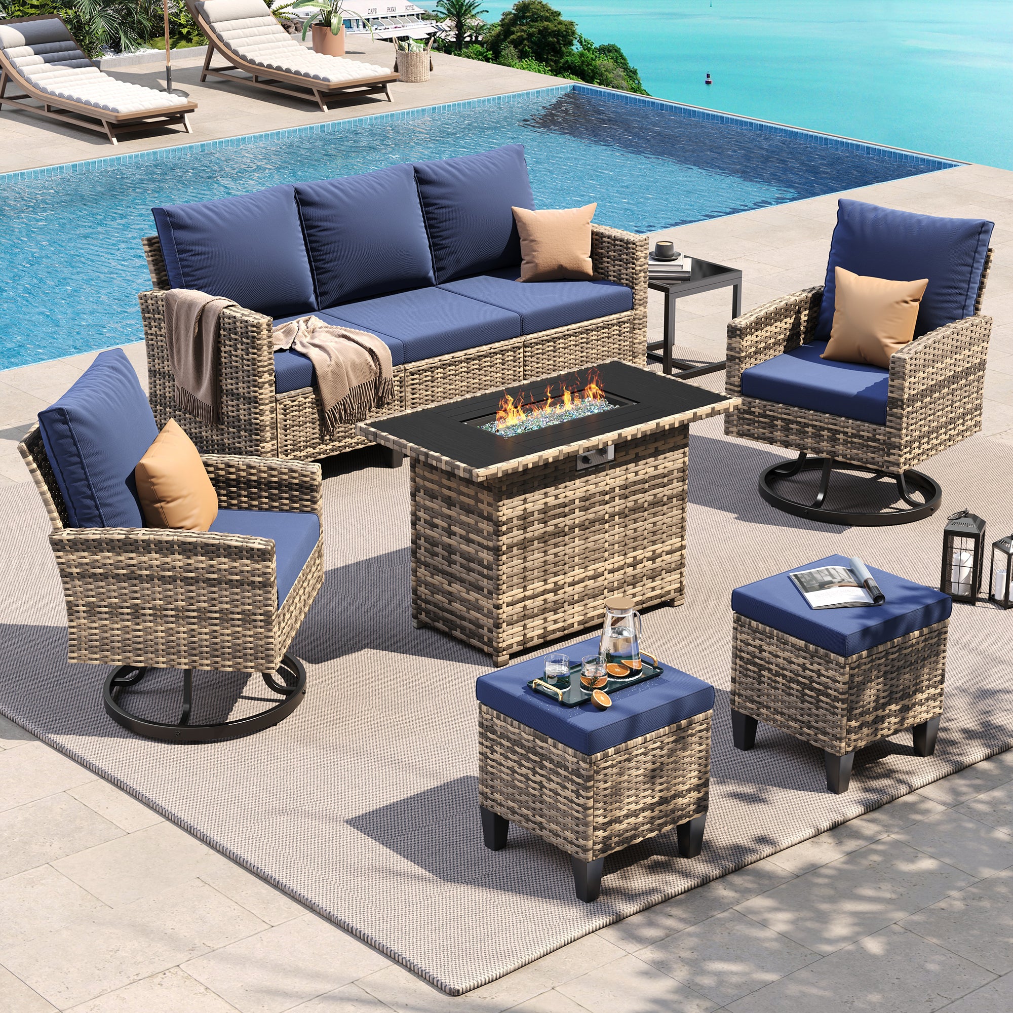 UDPATIO Patio Furniture Set with Fire Pit Table, 7 Pieces Outdoor Conversation Sets with Swivel Chairs and Ottomans, All-Weather Rattan Wicker Patio Sofa Couch for Backyard, Deck, Porch, Navy/Yellow