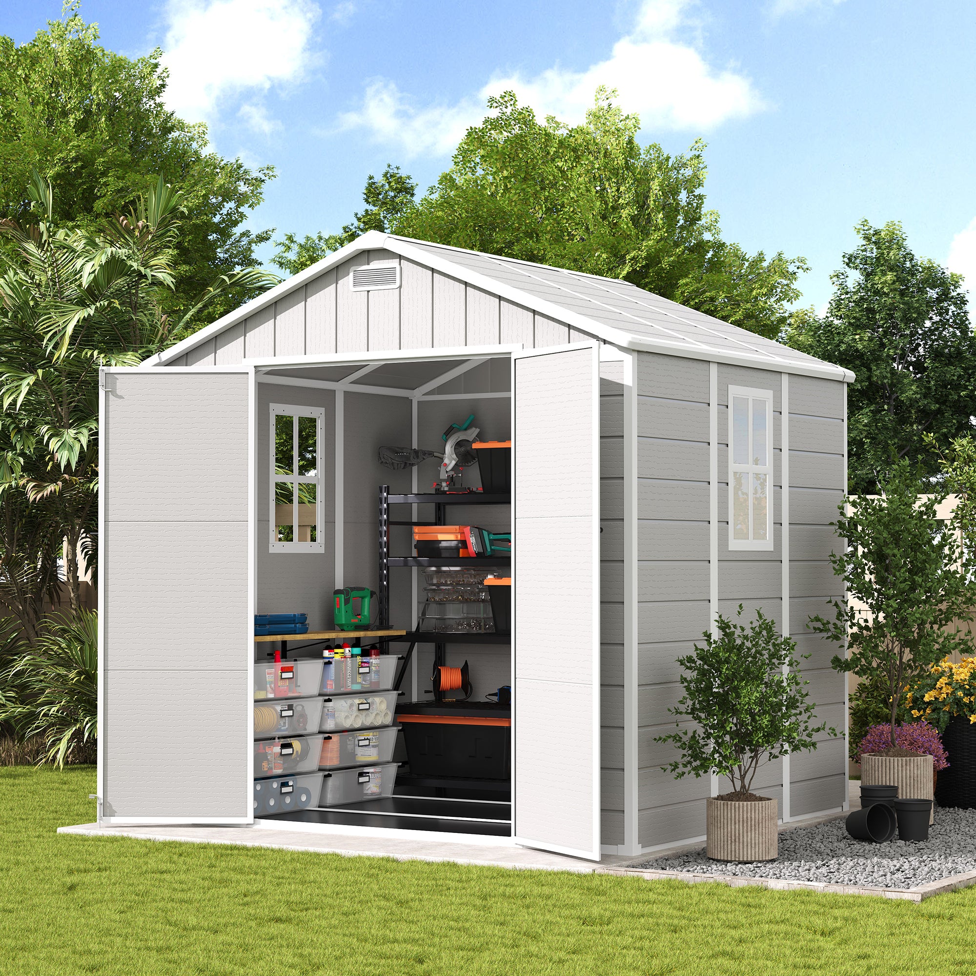 UDPATIO Resin Storage Shed 8 x 6 FT, Outdoor Garden Sheds with Floor Plastic Patio Outdoor Storage Shed with Lockable Door, Sandstone