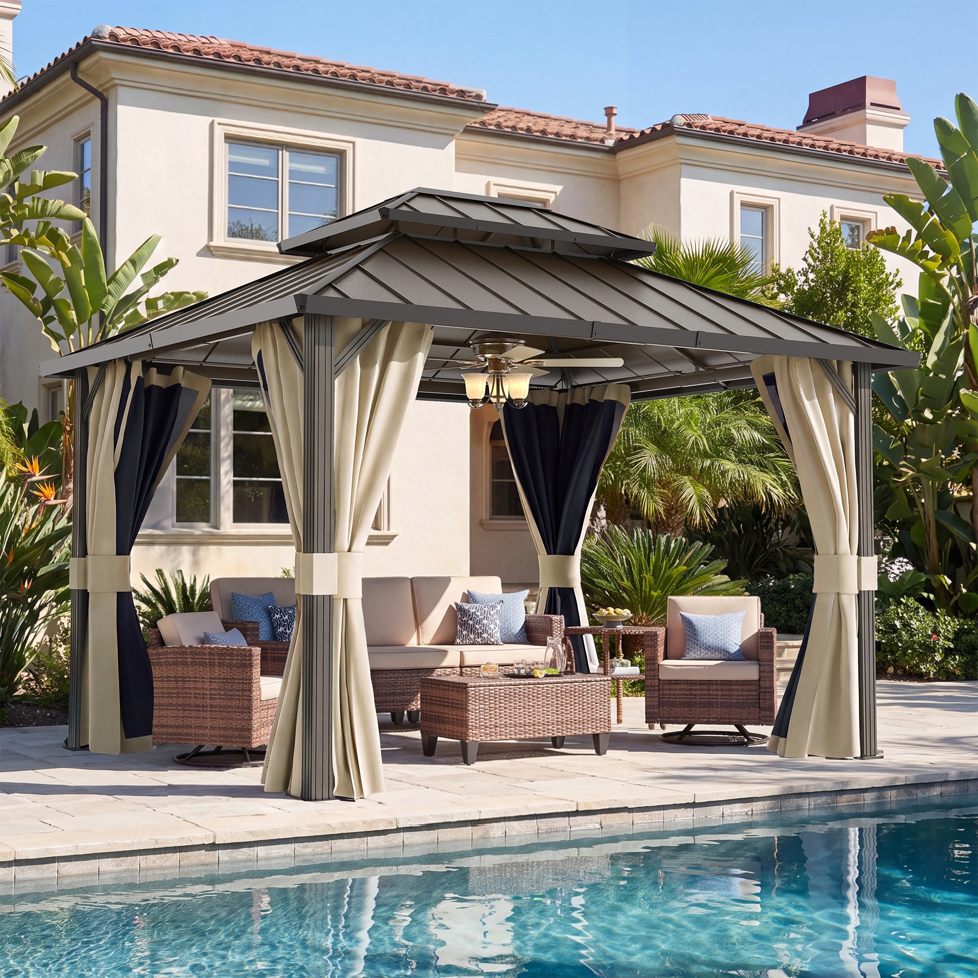 UDPATIO 10x12 Hardtop Permanent Gazebo Aluminum Frame & Double Roof,Beige