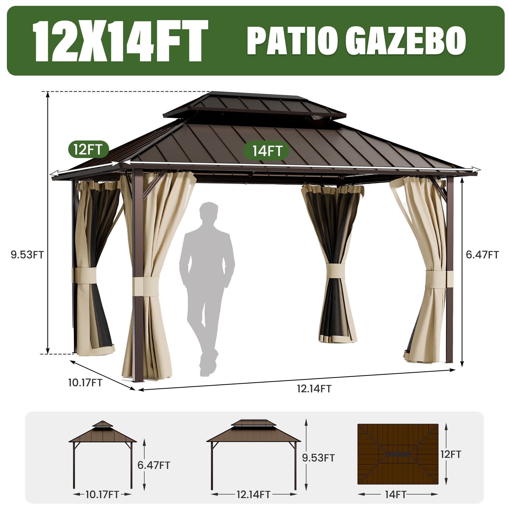 UDPATIO 12x14 Hardtop Gazebo, Aluminum Frame with Double Galvanized Steel Roof, Hard Top Patio Outdoor Metal Gazebos, Permanent Gazebo with Mosquito Netting and Curtain for Backyard, Deck, Beige