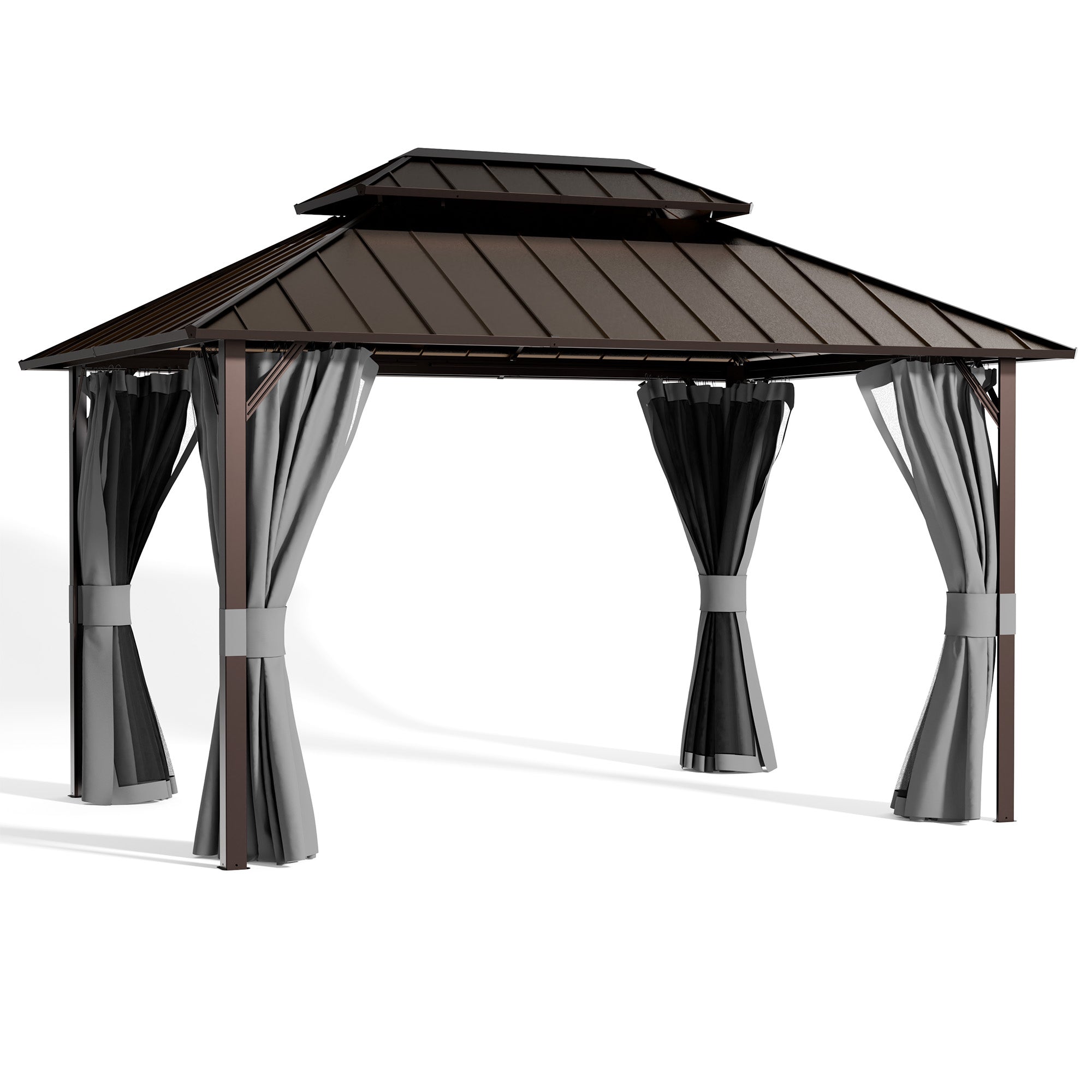 UDPATIO 12x14 Hardtop Gazebo, Aluminum Frame with Double Galvanized Steel Roof, Hard Top Patio Outdoor Metal Gazebos, Permanent Gazebo with Mosquito Netting and Curtain for Backyard, Deck, Porch, Gray