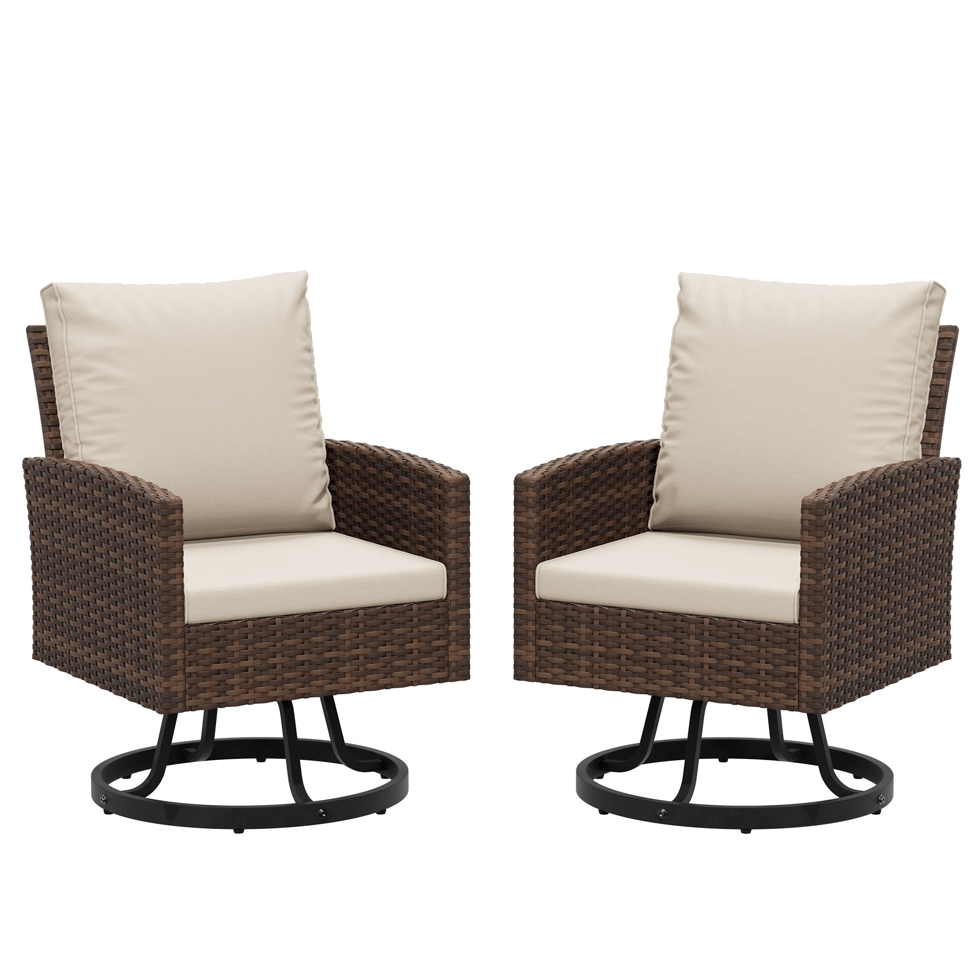UDPATIO Wicker Patio Chairs Set of 2, Outdoor Swivel Chairs with Plush Cushions, Rattan Bistro Set Patio Furniture Set for Porch & Deck – All-Weather, Easy to Clean (Brown Rattan, Beige)