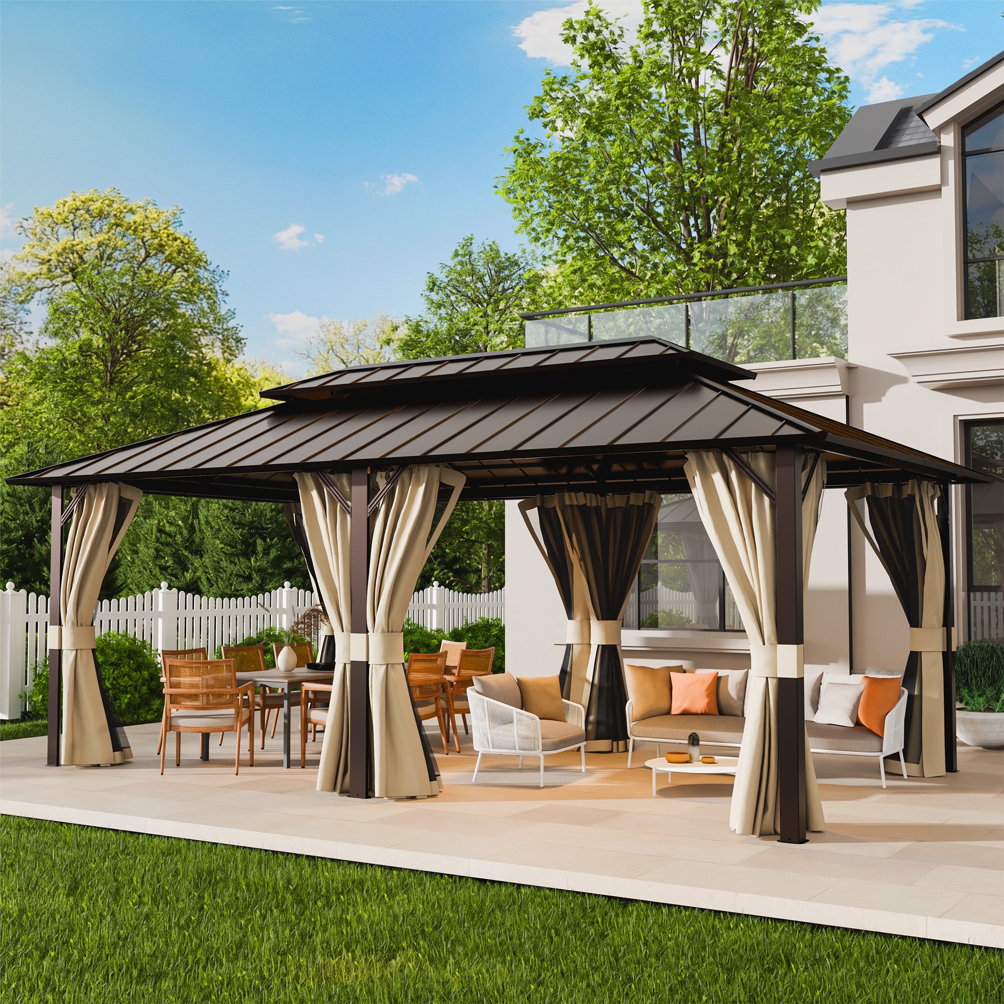 UDPATIO 12x20 Hardtop Gazebo, Aluminum Frame with Double Galvanized Steel Roof, Hard Top Heavy Duty Patio Outdoor Metal Gazebos, Permanent Gazebo with Mosquito Netting and Curtain for Backyard, Beige