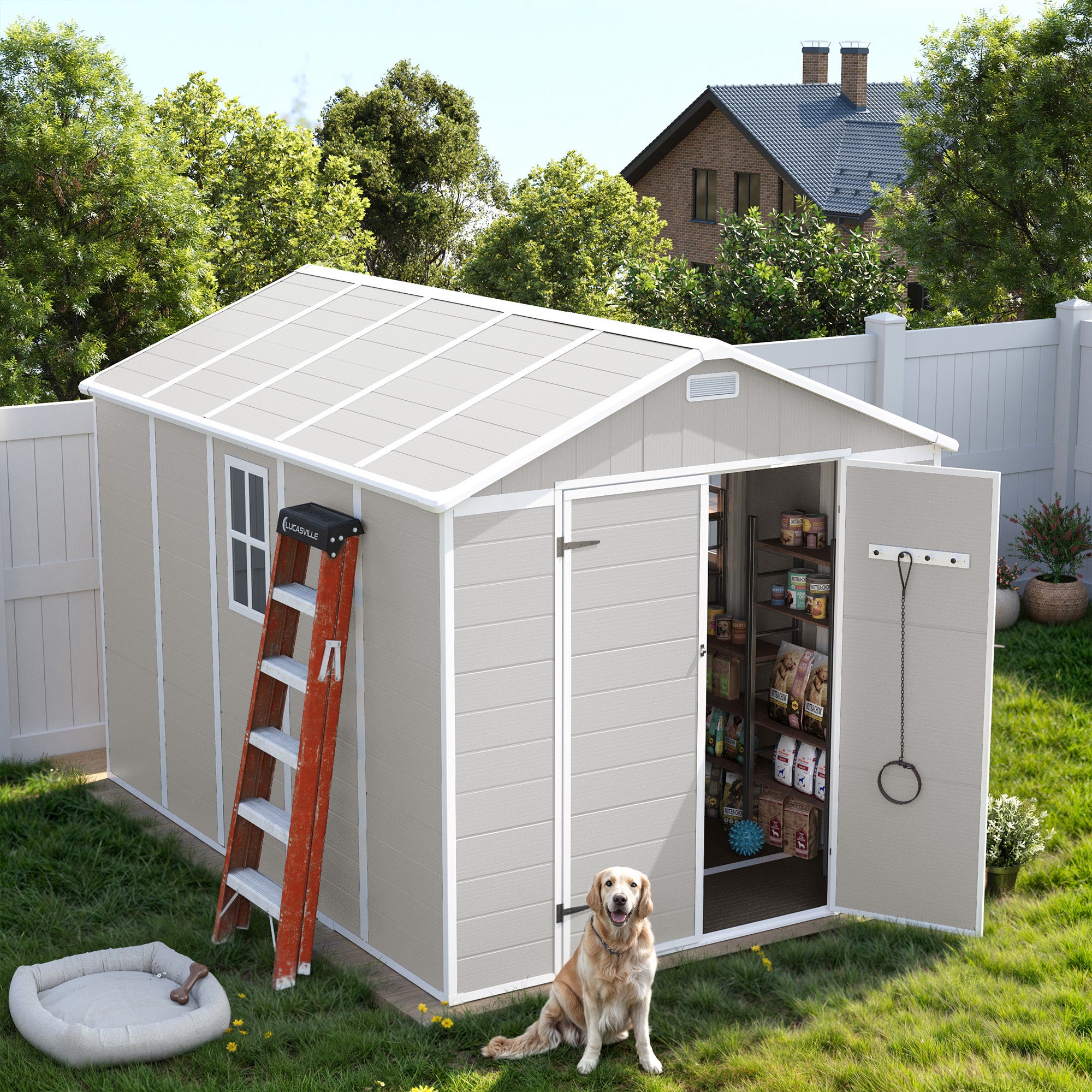 UDPATIO Resin Storage Shed 8 x 10 FT, Outdoor Garden Sheds with Floor Plastic Patio Outdoor Storage with Lockable Door for Bike, Garbage Sandstone