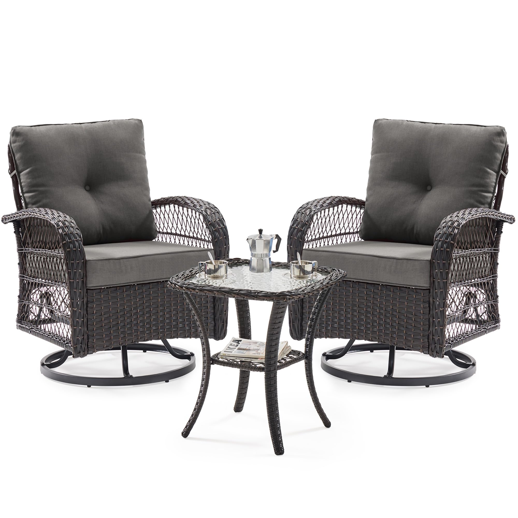 UDPATIO 3 Pieces Patio Furniture Set, Outdoor Swivel Rocker Patio Chairs Set of 2, All-Weather PE Wicker Glider Chairs with Thick Cushions and Glass Coffee Table，for Porch Deck Backyard