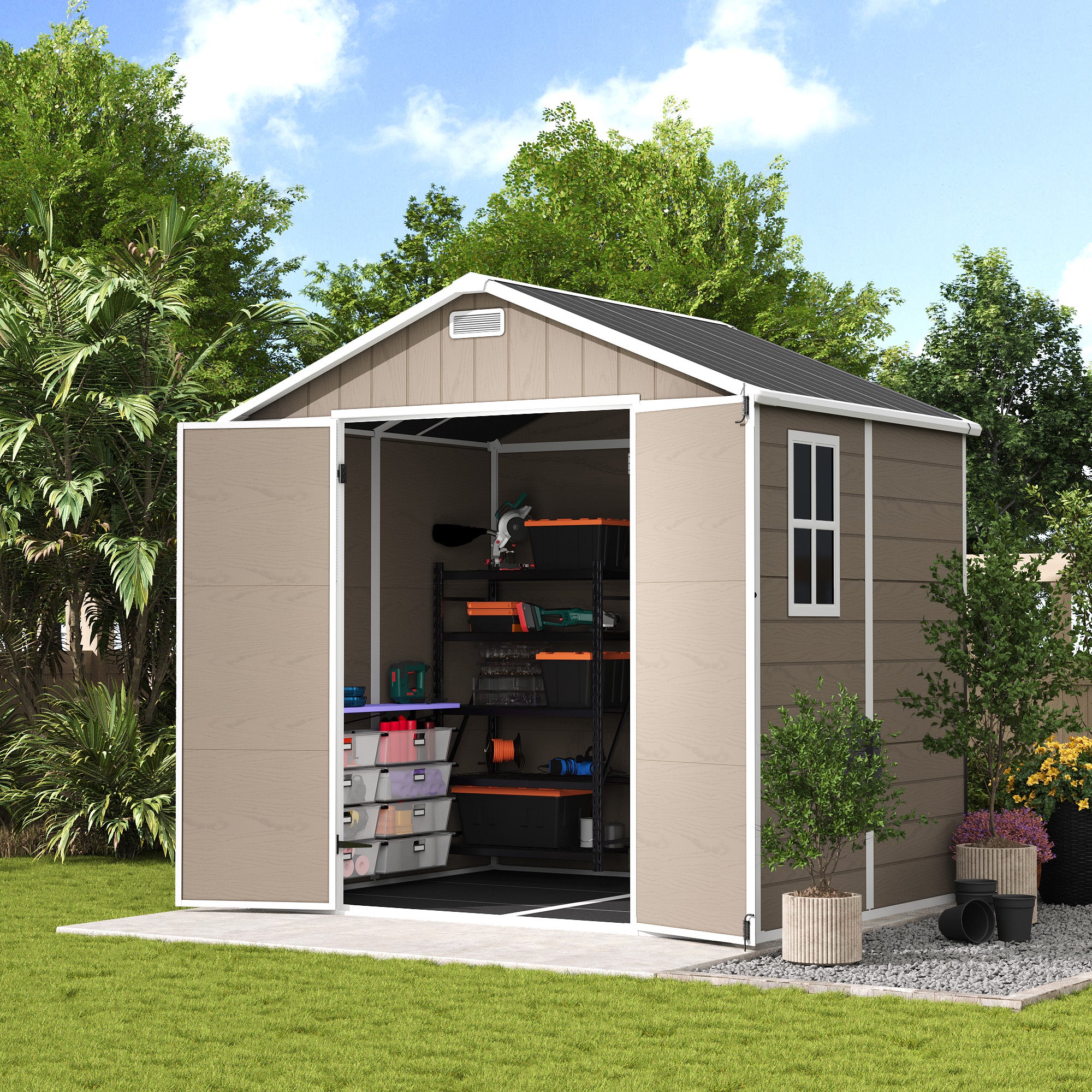 UDPATIO Resin Storage Shed 8 x 6 FT, Plastic Outdoor Storage Shed with Floor Outdside Storage Garden Patio Sheds with Lockable Door for Bike, Garbage Can, Tool, Dark Grey