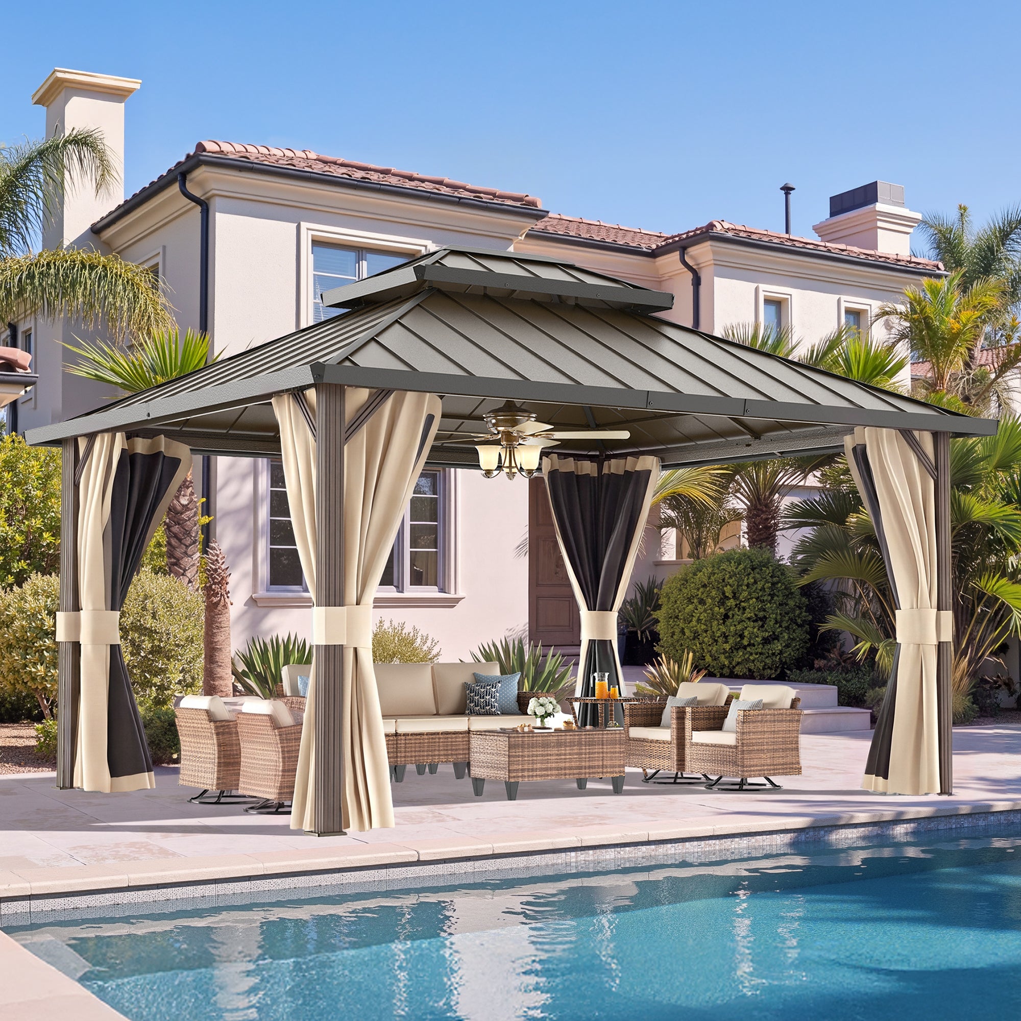 DPATIO 12'x16' Hardtop Aluminum Outdoor Gazebo with Double Roof, Beige