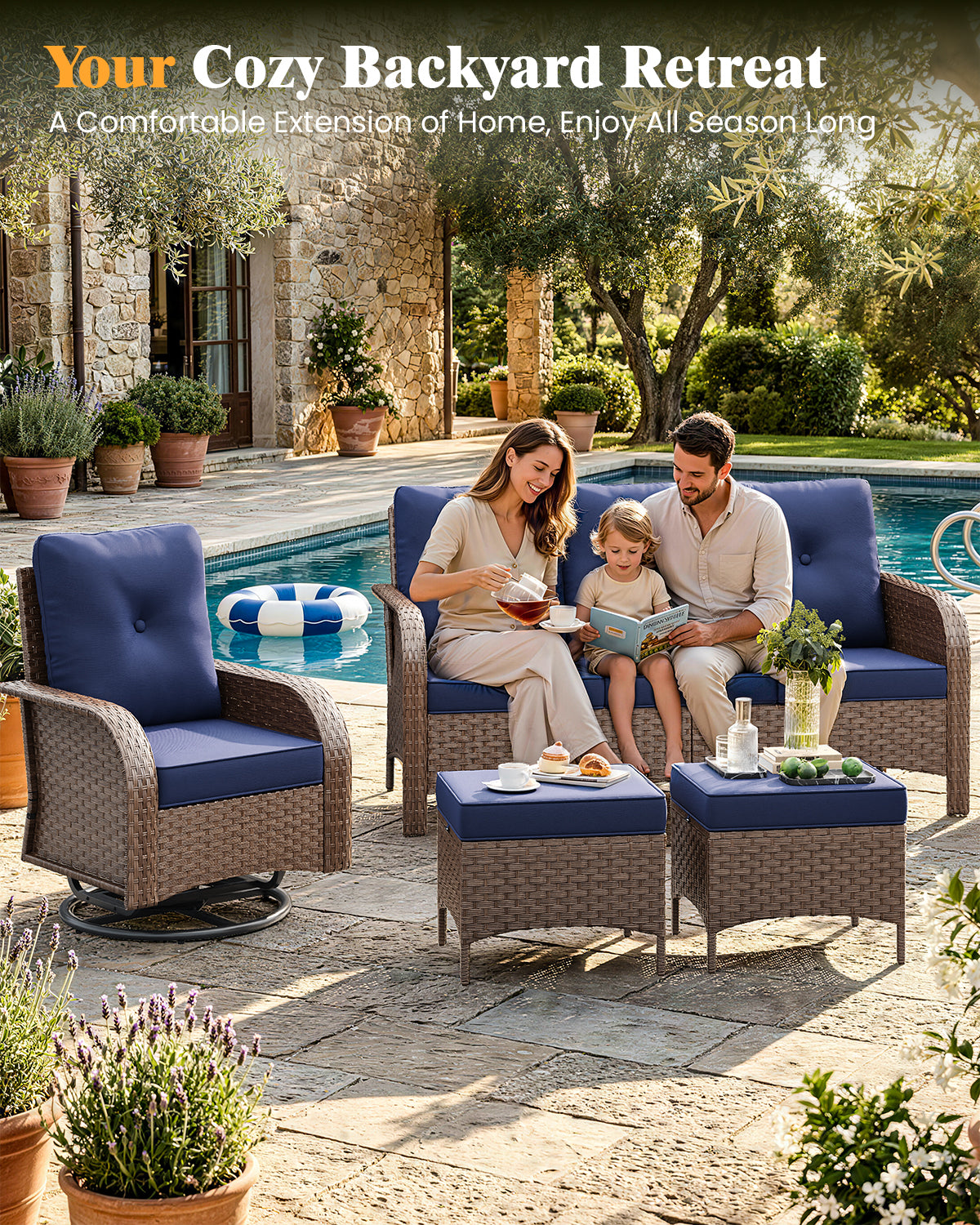 Amopatio 7 Pieces Outdoor Patio Furniture Set with Fire Pit Table, Wicker Swivel Rocker Chairs Sets