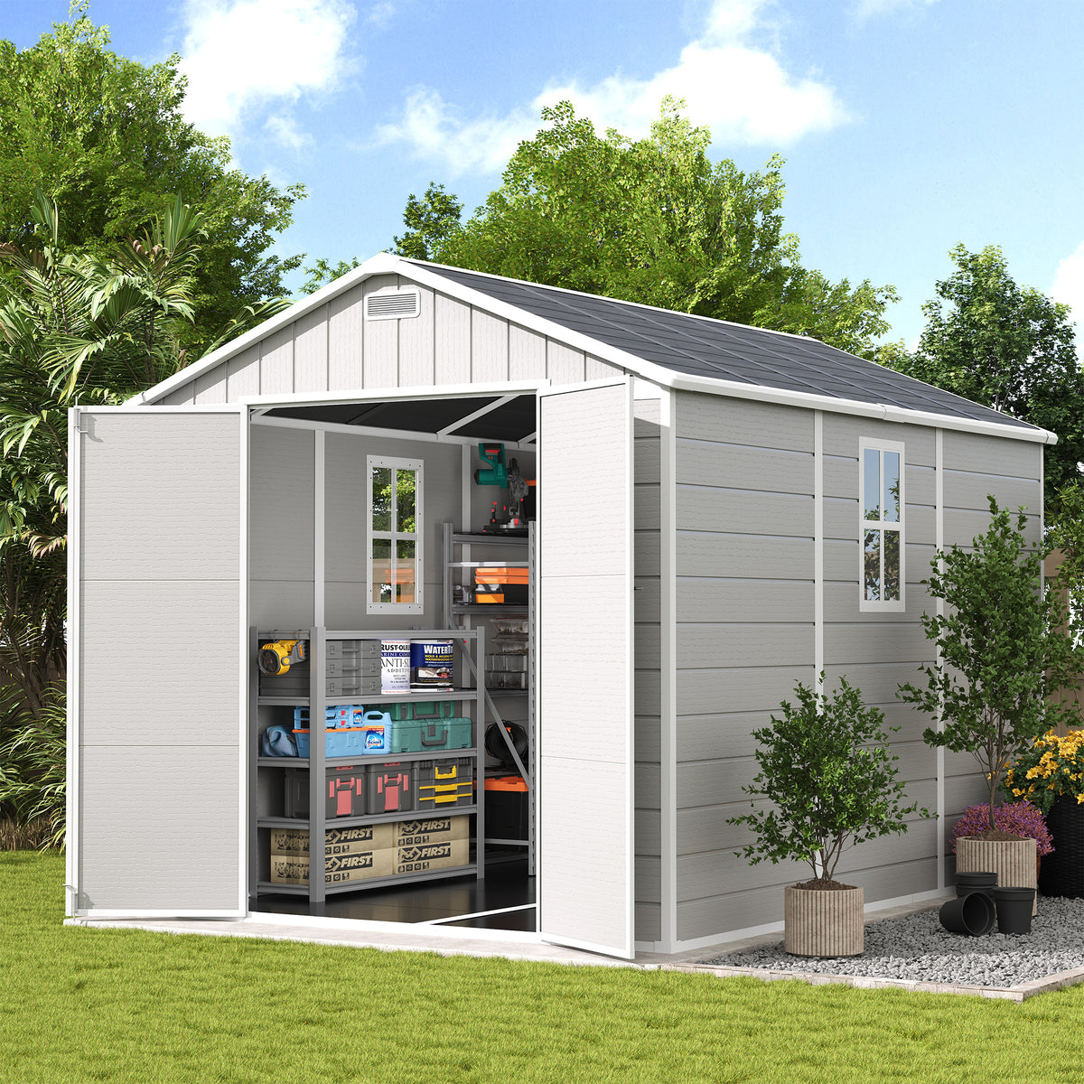 UDPATIO Resin Storage Shed 8 x 10 FT, Outdoor Garden Sheds with Floor Plastic Patio Outdoor Storage with Lockable Door for Bike, Garbage Sandstone
