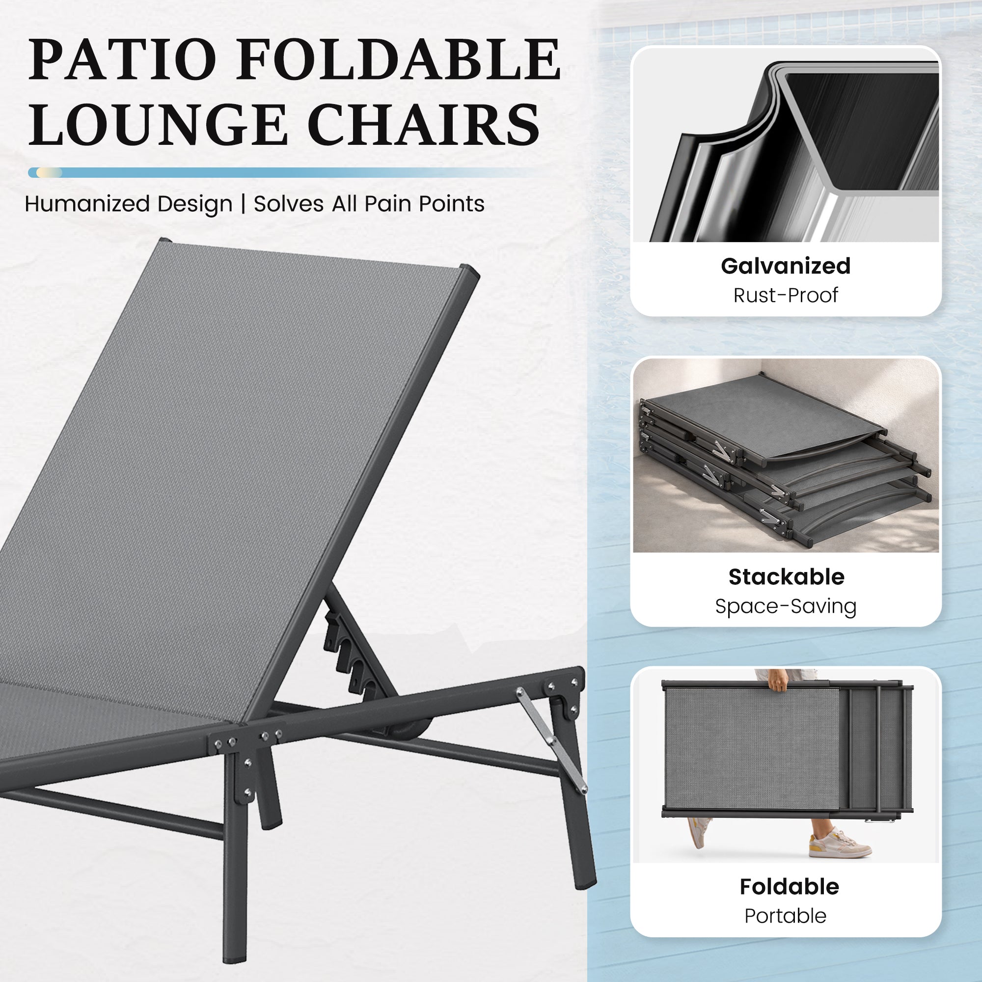 Outdoor Foldable Lounge Chair Pool Chaise Chairs for Outside, Adjustable Lounger for Poolside Lawn Deck Lay Flat Sunbathing Backrest for Patio, Beach, Yard(Grey)