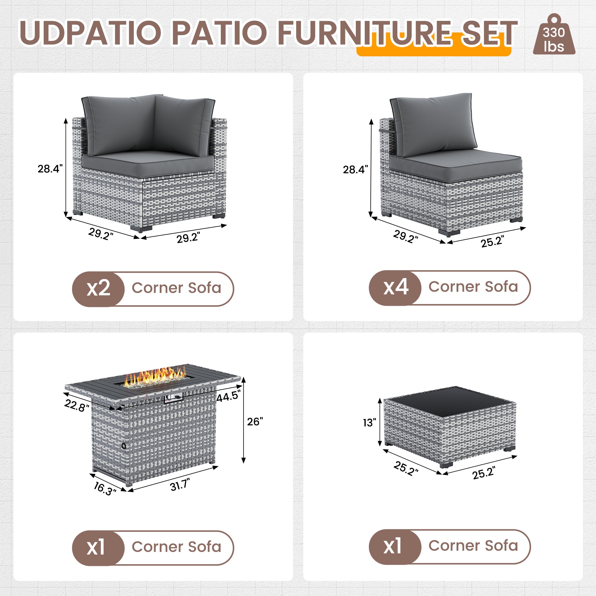 UDPATIO Patio Furniture Set with Fire Pit Table, 8 Pieces Outdoor Sectional Sofa, PE Wicker Patio Conversation Set for Garden, Backyard (Grey Cushions with Grey Rattan)