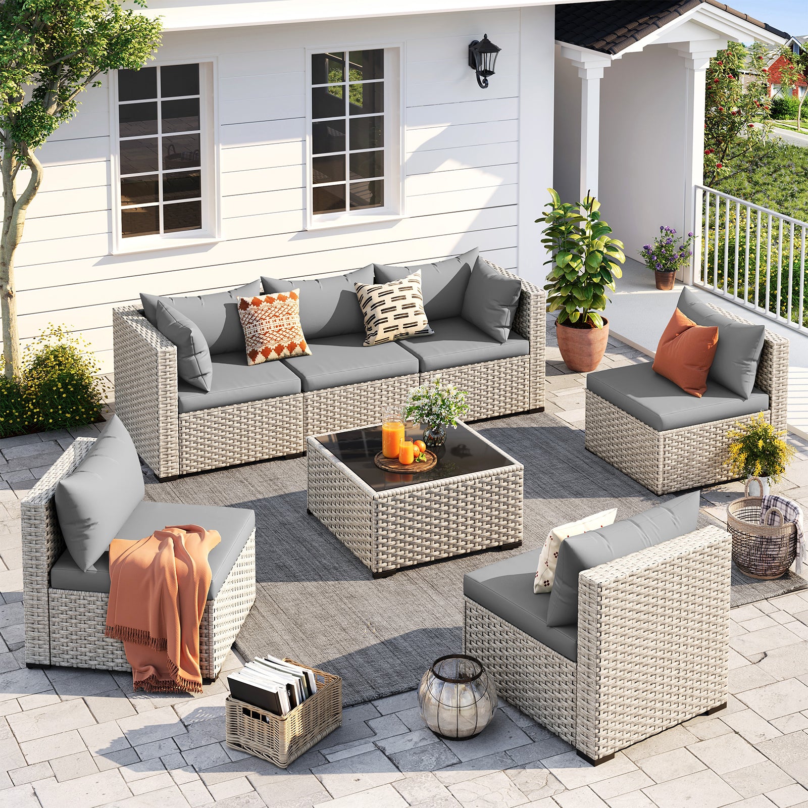 UDPATIO Outdoor Patio Furniture Set, 7-Piece PE Wicker Sectional Sofa with Tea Table, Outdoor Conversation Set for Patio, Garden, Backyard Grey