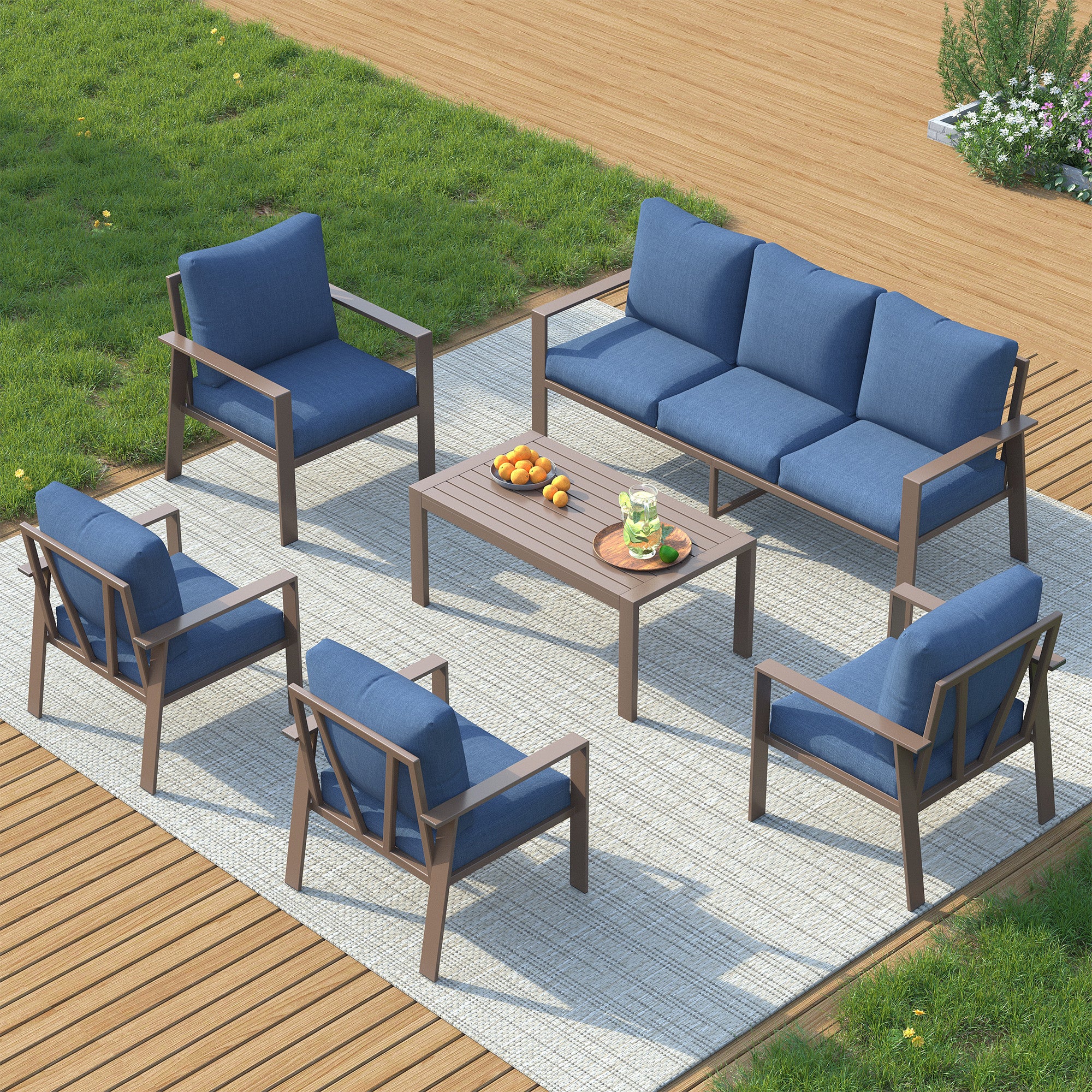 UDPATIO 6 Pieces Aluminum Patio Furniture Set, 7-Seat Metal Outdoor Furniture Set with 4" Water-Resistant Cushion & Coffee Table,  Patio Conversation Sets for Porch, Deck, Garden