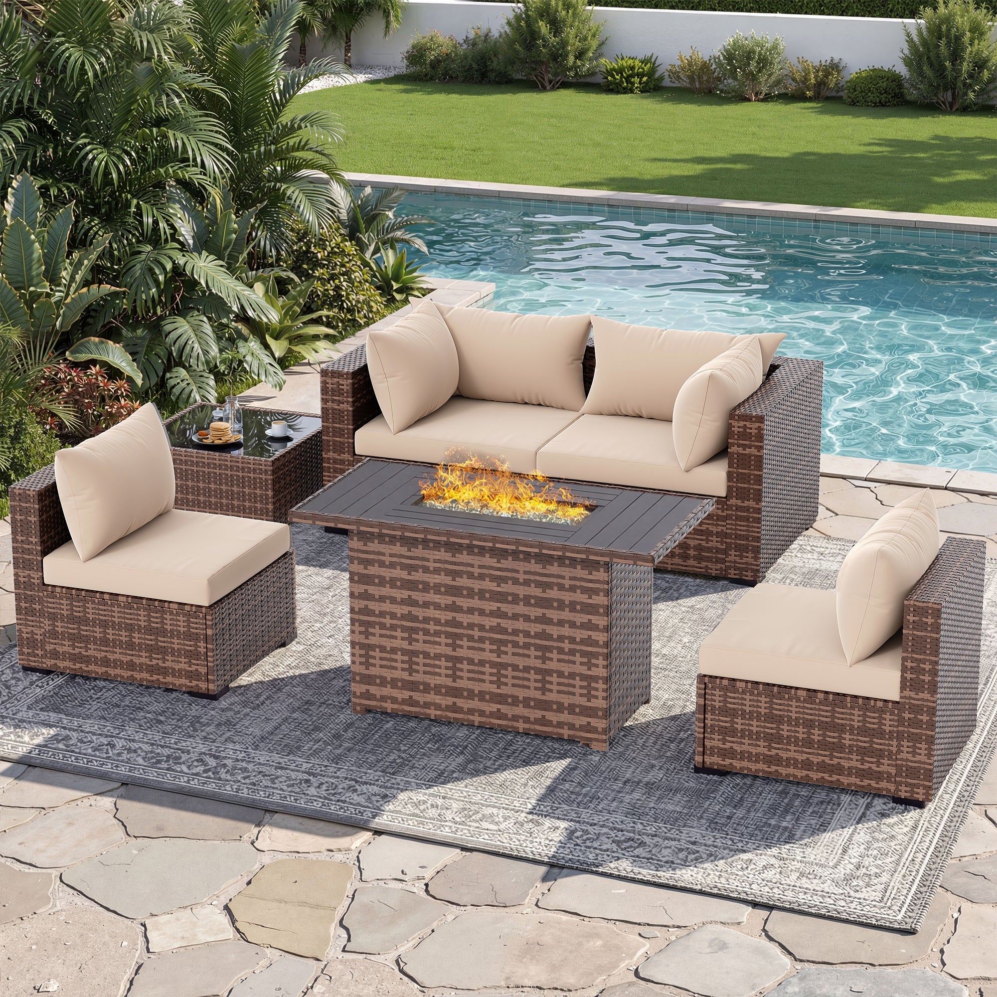 UDPATIO Patio Furniture Set with Fire Pit Table, 5 Piece Outdoor Sectional Sofas, All-Weather Wicker Conversation for Garden, Backyard, Khaki