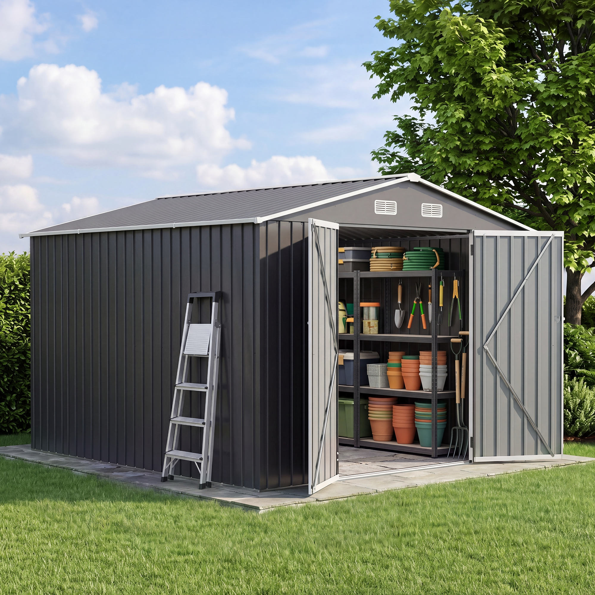 UDPATIO 10X10 FT  Outdoor Storage Shed,  Metal Garden Tool Shed with Sloped Roof & Lockable Door，Outside Heavy Duty sheds for Bicycle, Tool in Patio Lawn, Backyard, Grey