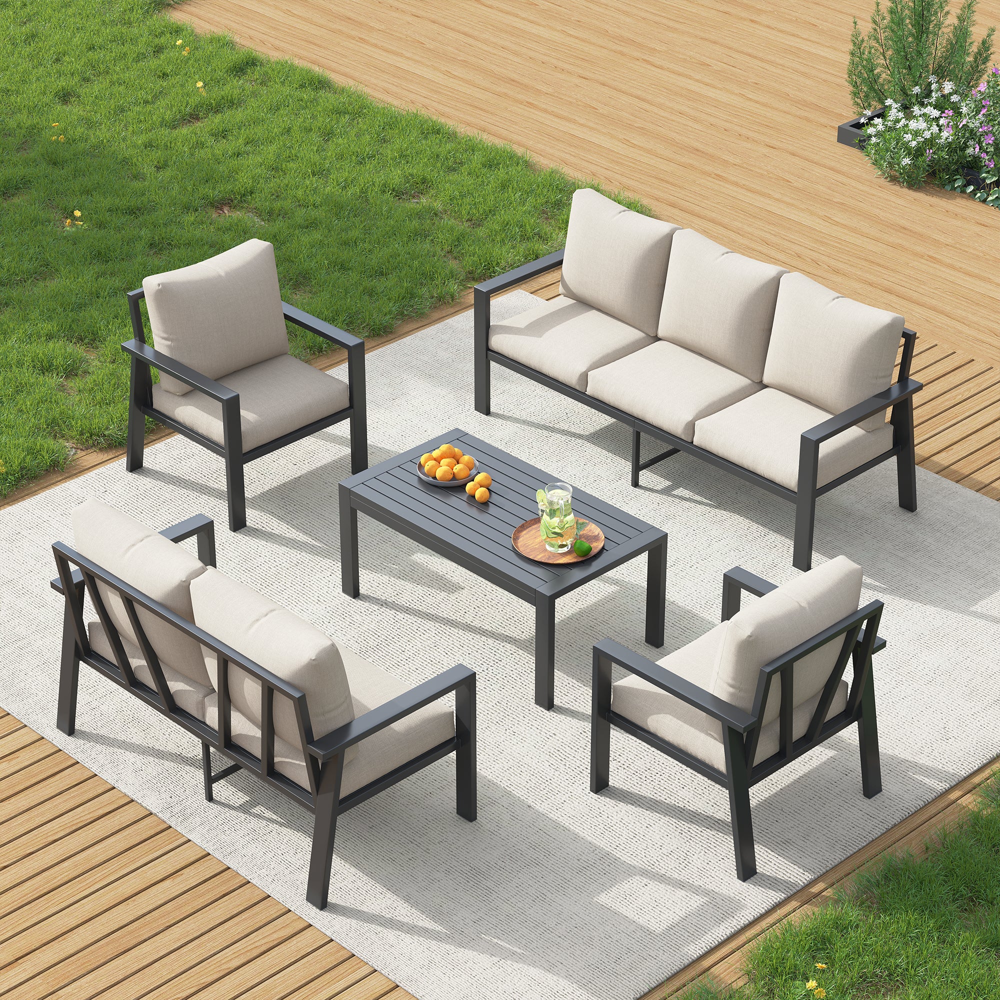 UDPATIO Aluminum Patio Furniture Set, 5 Pieces Sectional Metal Conversation Sofa Modern Seating Set with Coffee Table for Outdoor Garden Backyard, Beige