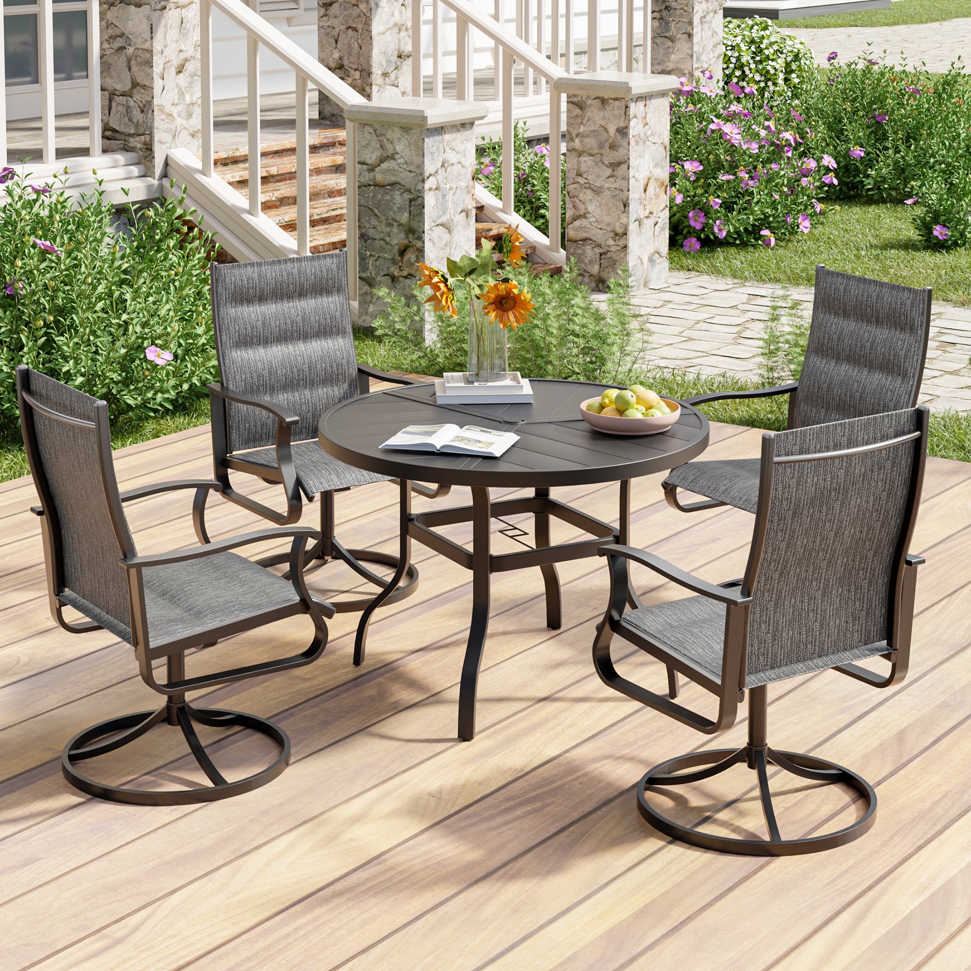 UDPATIO 5 Piece Outdoor Patio Dining Set, Outdoor Table and Chair Set, 39" Round Table with Umbrella Hole & 4 Outdoor Swivel Rocker Dining Chairs, Patio Outside Furniture Set for Lawn, Deck, Yard