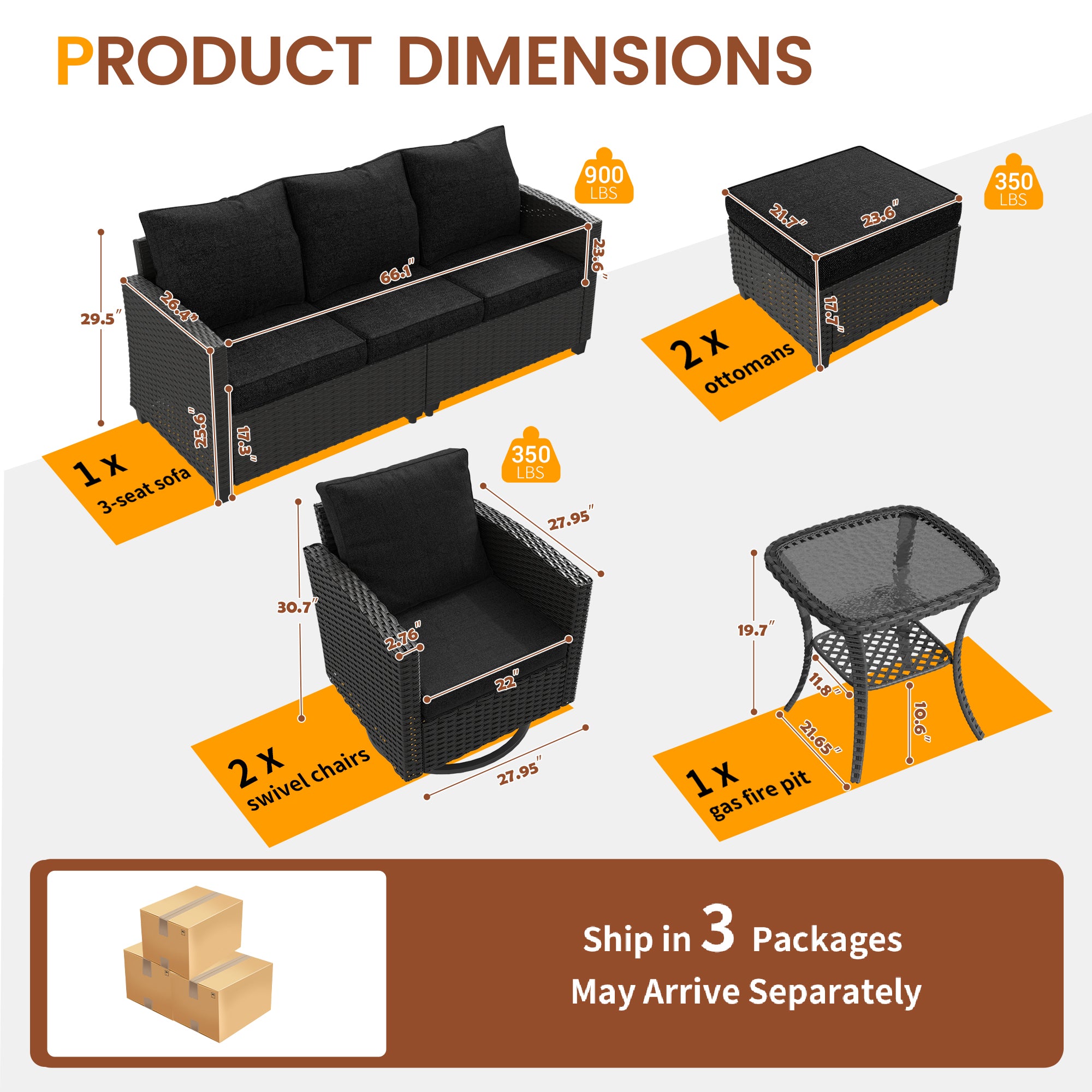 UDPATIO Patio Furniture Set, 6 Pieces Outdoor Sectional Couch with Swivel Rocking Chair, Gray Wicker Rattan Sofa with Side Table, 4" Thick Cushion for Garden Backyard Deck,Black