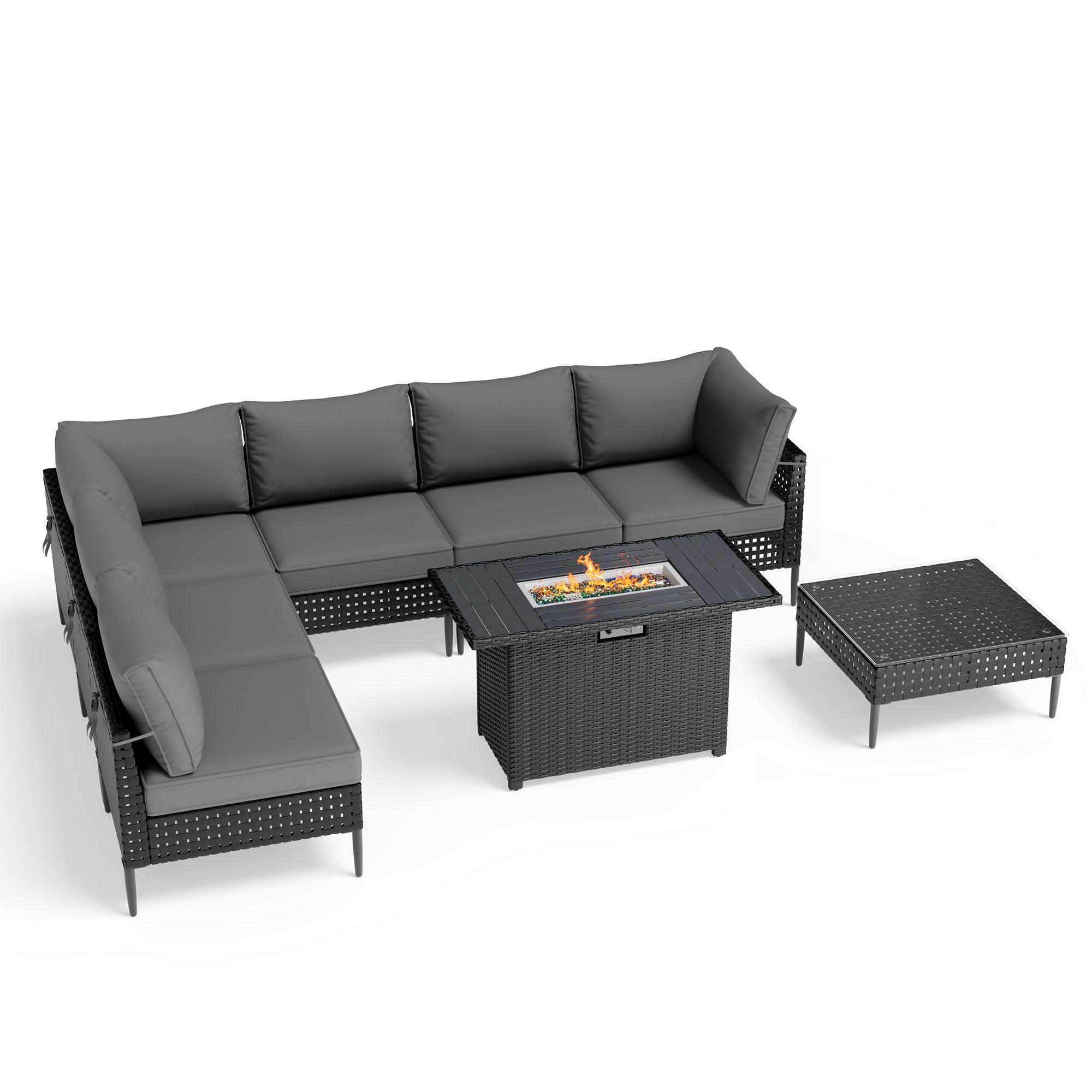 UDPATIO Wicker Patio Furniture Set with Sectional Sofas, All-Weather Cushions and Fire Pit Table, Bohemian Style and High-Leg Design for Garden, Deck, Poolside (Dark Gray/8 Piece)