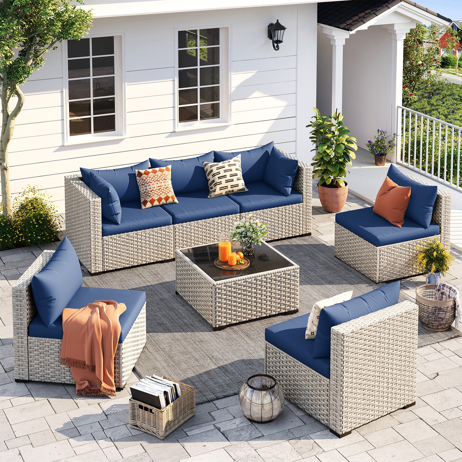 UDPATIO Outdoor Patio Furniture Set, 7-Piece PE Wicker Sectional Sofa with Tea Table, Outdoor Conversation Set for Patio, Garden, Backyard Blue