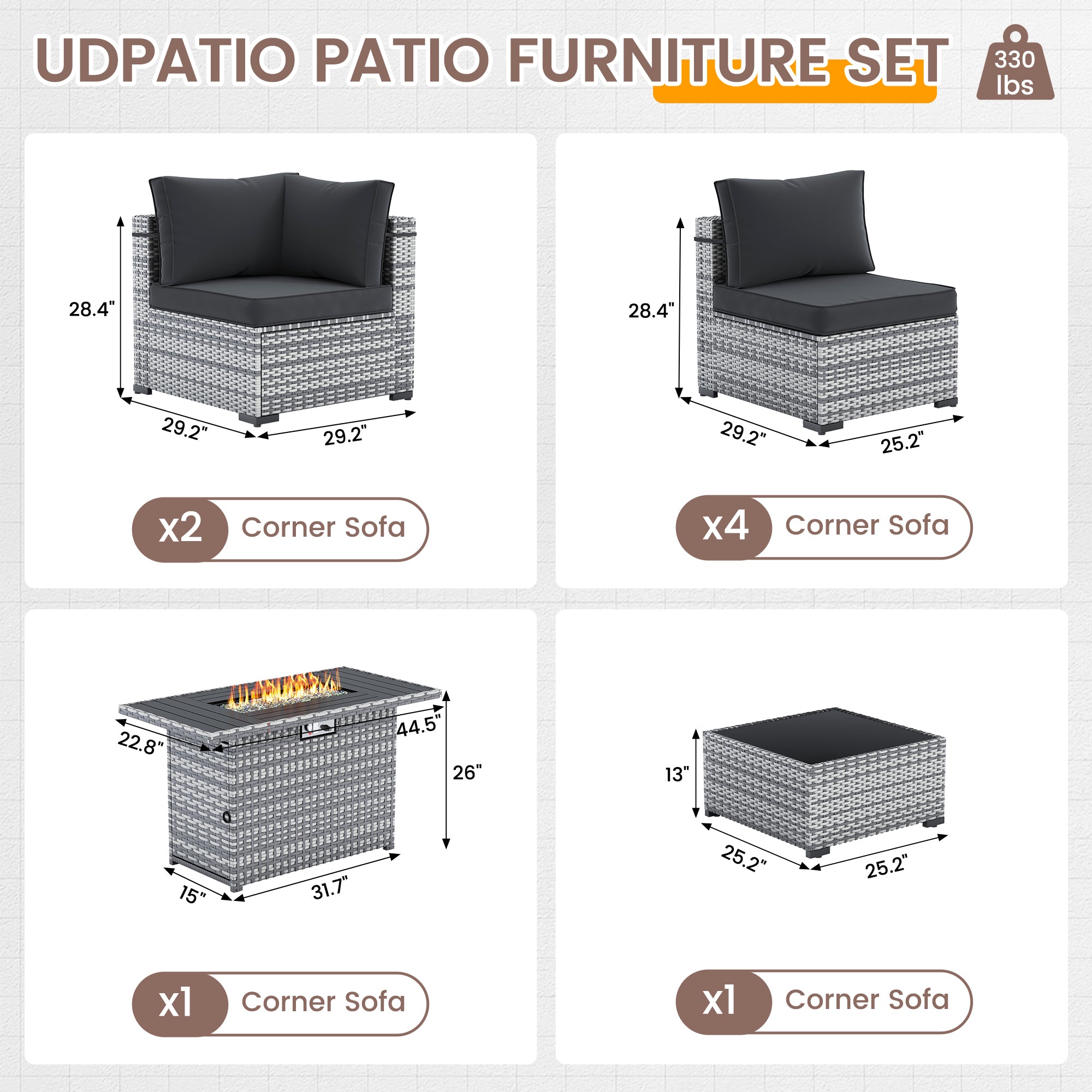 UDPATIO Patio Furniture Set with Fire Pit Table, 8 Pieces Outdoor Sectional Sofa, PE Wicker Patio Conversation Set for Garden, Backyard (Black Cushions with Grey Rattan)