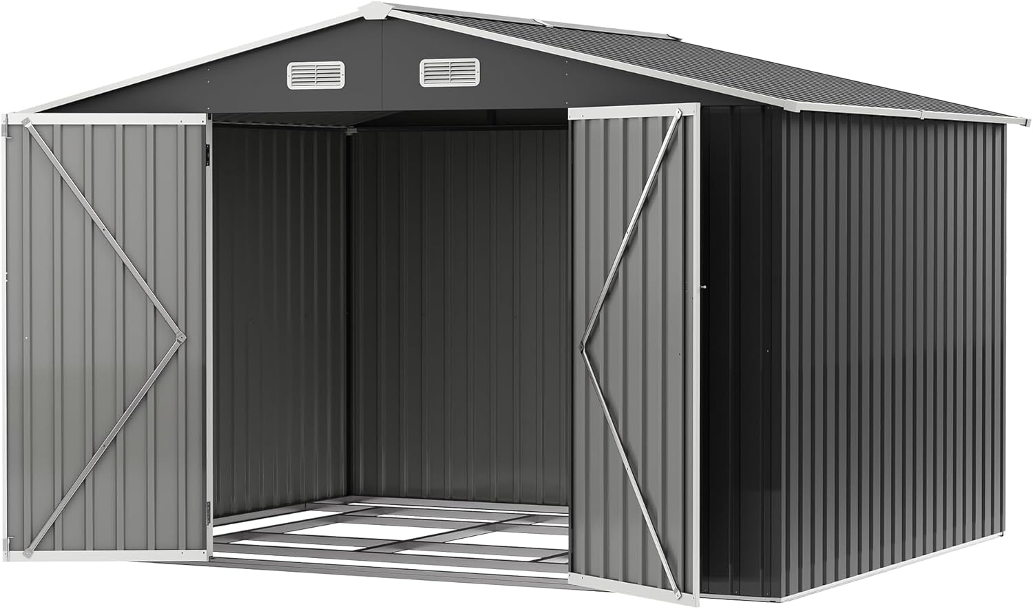 UDPATIO 10×8 FT Outdoor Storage Shed with Base, Metal Steel All-Weather Resistant Heavy Duty Shed, Lockable Door & Sloped Roof for Bicycle Tool in Patio Lawn Garden Backyard, Grey