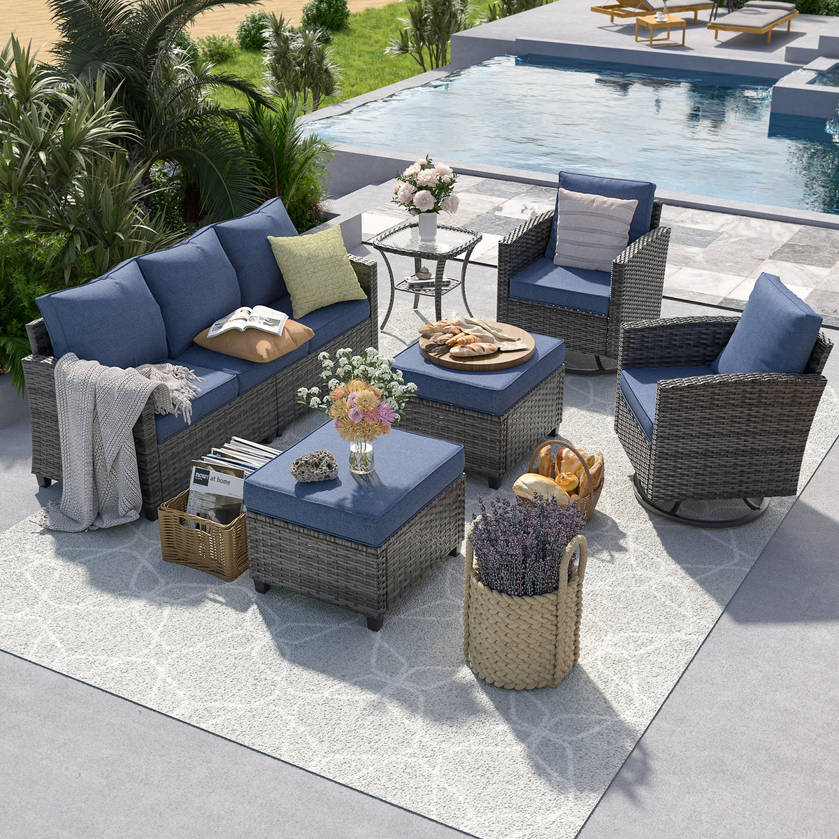 UDPATIO Patio Furniture Set with Swivel Rocking Chair, 6 Pcs Outdoor Couch