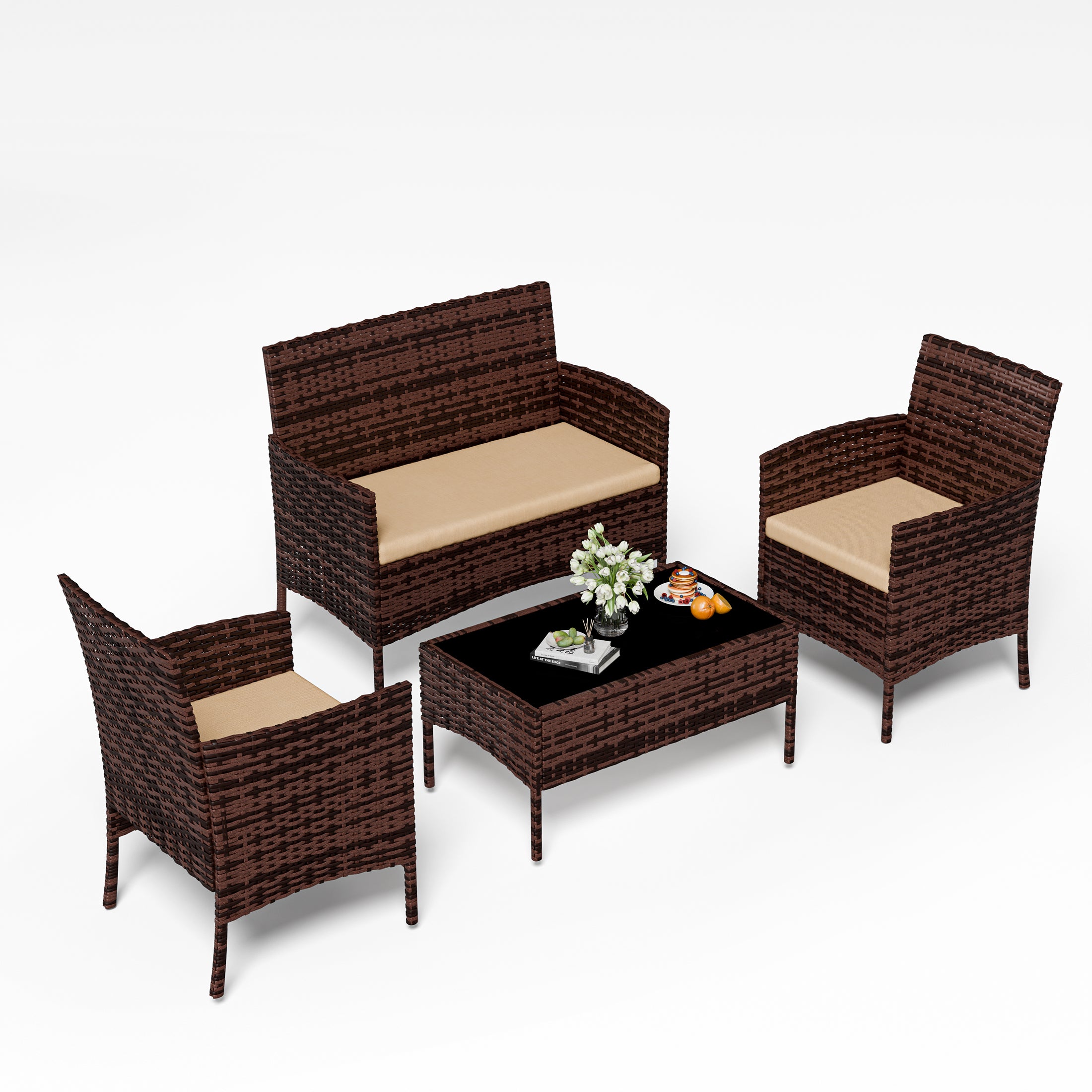 UDPATIO 4 Pieces Outdoor Patio Furniture,Sectional Conversation Sets,Brown PE Rattan Patio Chairs with Table and Loveseat for Balcony, Porch, Backyard,（Khaki Cushion）