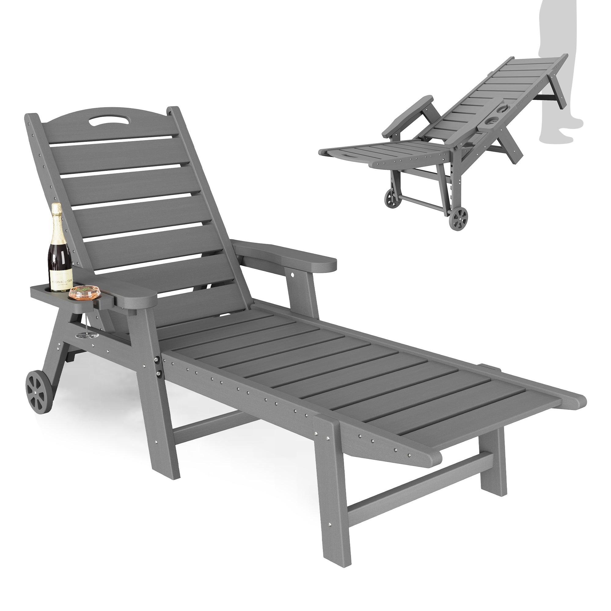UDPATIO Outdoor Chaise Lounge Chair, HDPE Patio Lounge Chairs for Outside with Wheels & Cup Holder, Reclining Seating with 5 Position for Poolside Deck Garden,Grey,1PC