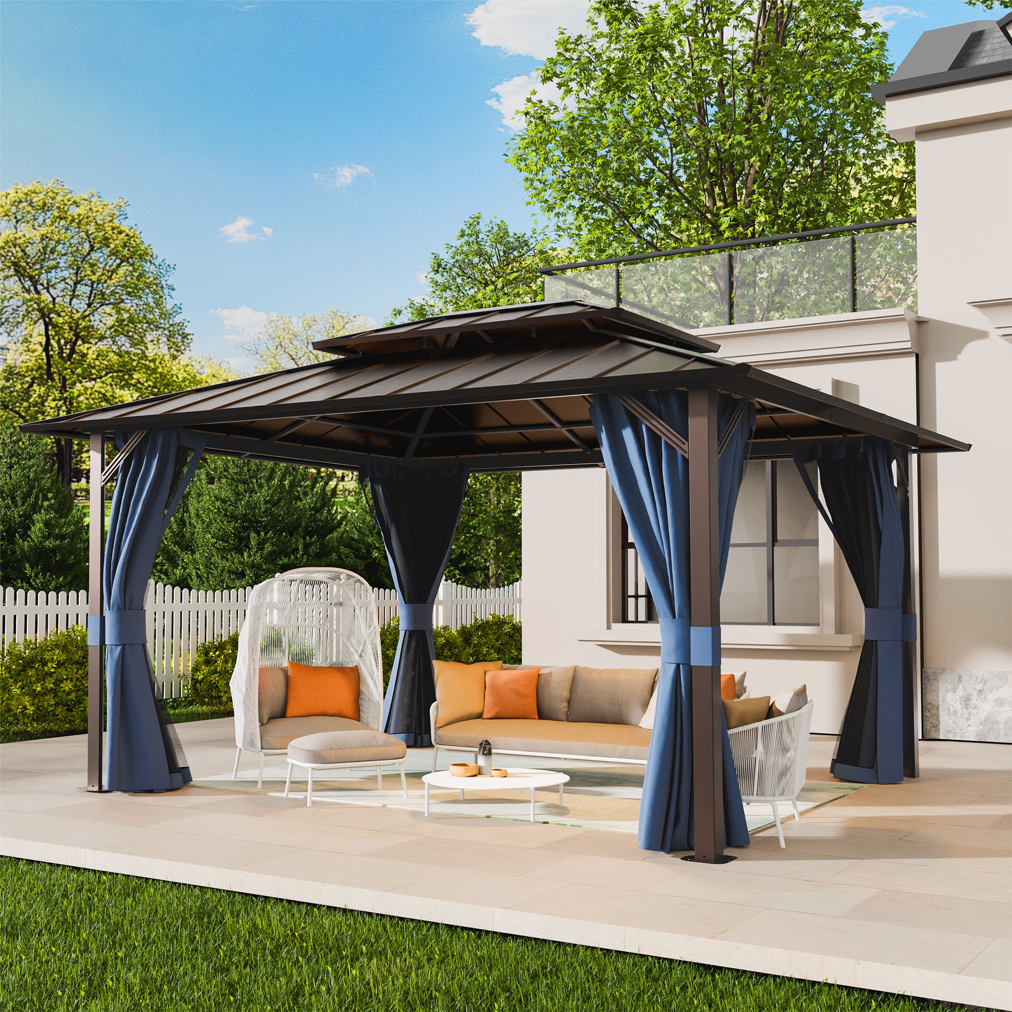UDPATIO 10x12 Hardtop Gazebo, Aluminum Frame with Double Galvanized Steel Roof, Hard Top Patio Outdoor Metal Gazebos, Permanent Gazebo with Mosquito Netting and Curtain for Backyard, Deck, Navy Blue