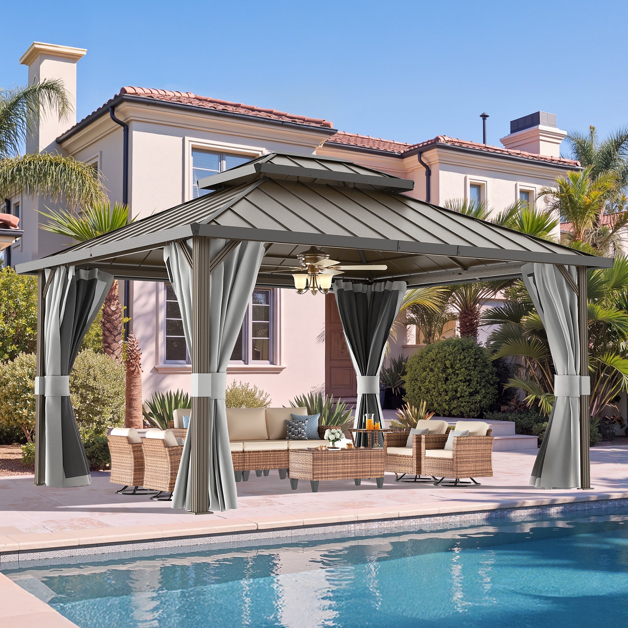 DPATIO 12'x16' Hardtop Aluminum Outdoor Gazebo with Double Roof, Gray