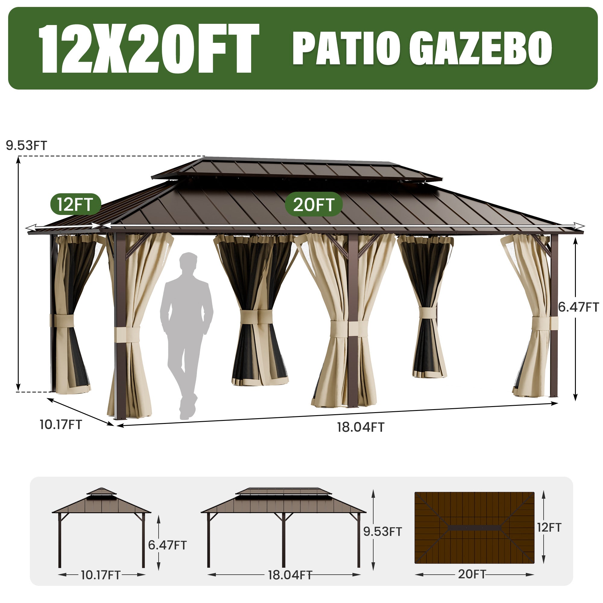 UDPATIO 12x20 Hardtop Gazebo, Aluminum Frame with Double Galvanized Steel Roof, Hard Top Heavy Duty Patio Outdoor Metal Gazebos, Permanent Gazebo with Mosquito Netting and Curtain for Backyard, Beige