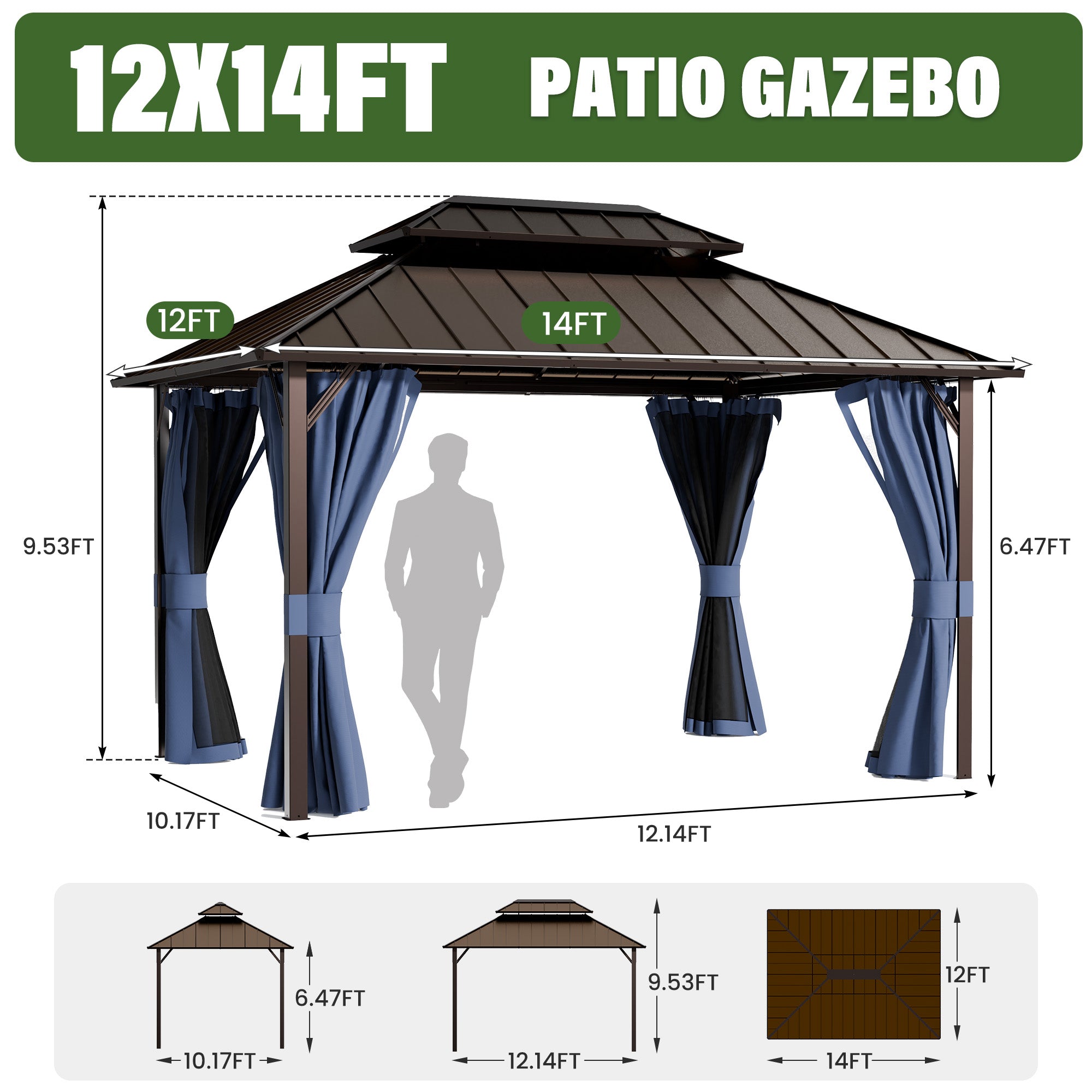 UDPATIO 12x14  Hardtop Gazebo, Aluminum Frame with Double Galvanized Steel Roof, Hard Top Patio Outdoor Metal Gazebos, Permanent Gazebo with Mosquito Netting and Curtain for Backyard, Deck, Navy Blue